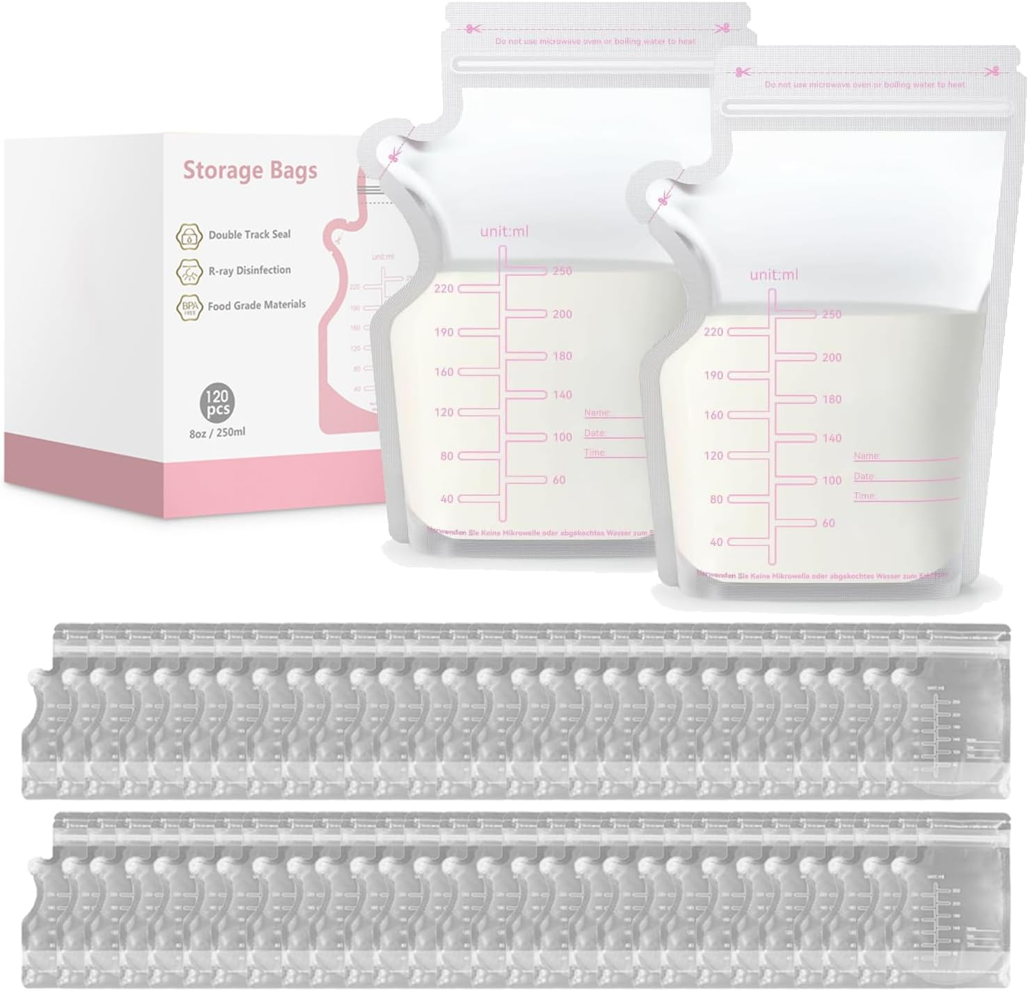 Breast Milk Storage Bags 120 Pack,Recyclable & BPA Free,Pre-Sterilised,Breastfeeding Disposable Milk Storage Bag,No-Leak Milk Freezer Storage Pouche,250Ml/8.8Oz Capacity image number 6