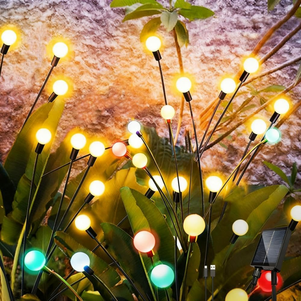 Solar Lights Outdoor Waterproof,4Pack Total 32 LED Solar Powered Garden Lights，Big Bulb Swaying Lights, 8 Lighting Modes Firefly Light for Patio Yard Decorative Yellow