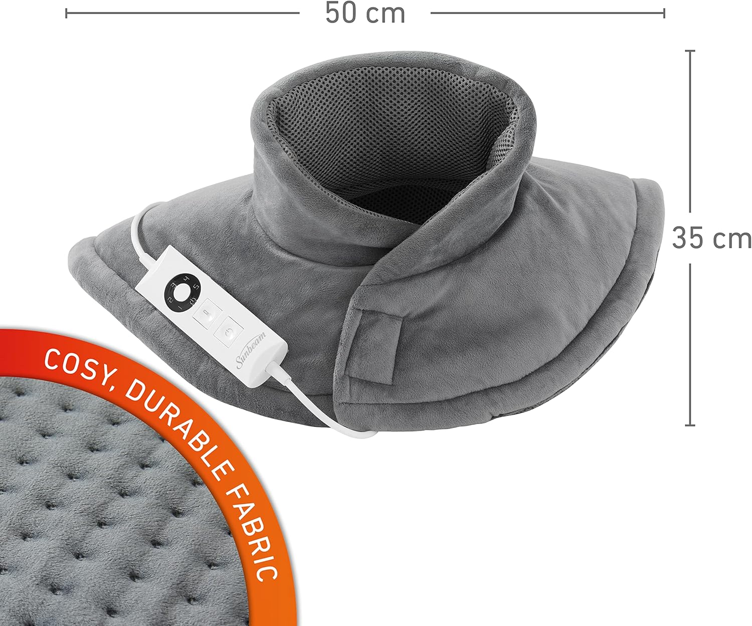 Sunbeam Electric Heating Pad for Shoulders & Neck |35.5X50Cm, Contoured Design, 5 Heat Settings to Soothe Muscles, Fast Heat-Up, Consistent Temperature, Soft Washable Fabric, Wellness Product,Grey (HPN5300) image number 6