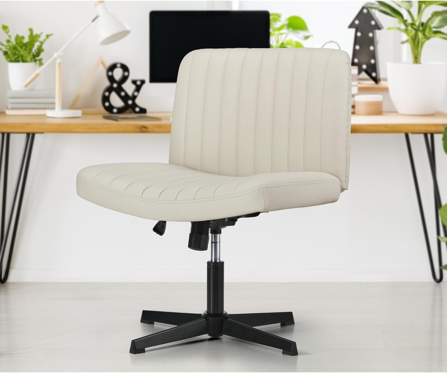 Oikiture Home Office Chair with Pu Leather Cover and Wider Seat Beige Cross Legged Office Chair image number 2