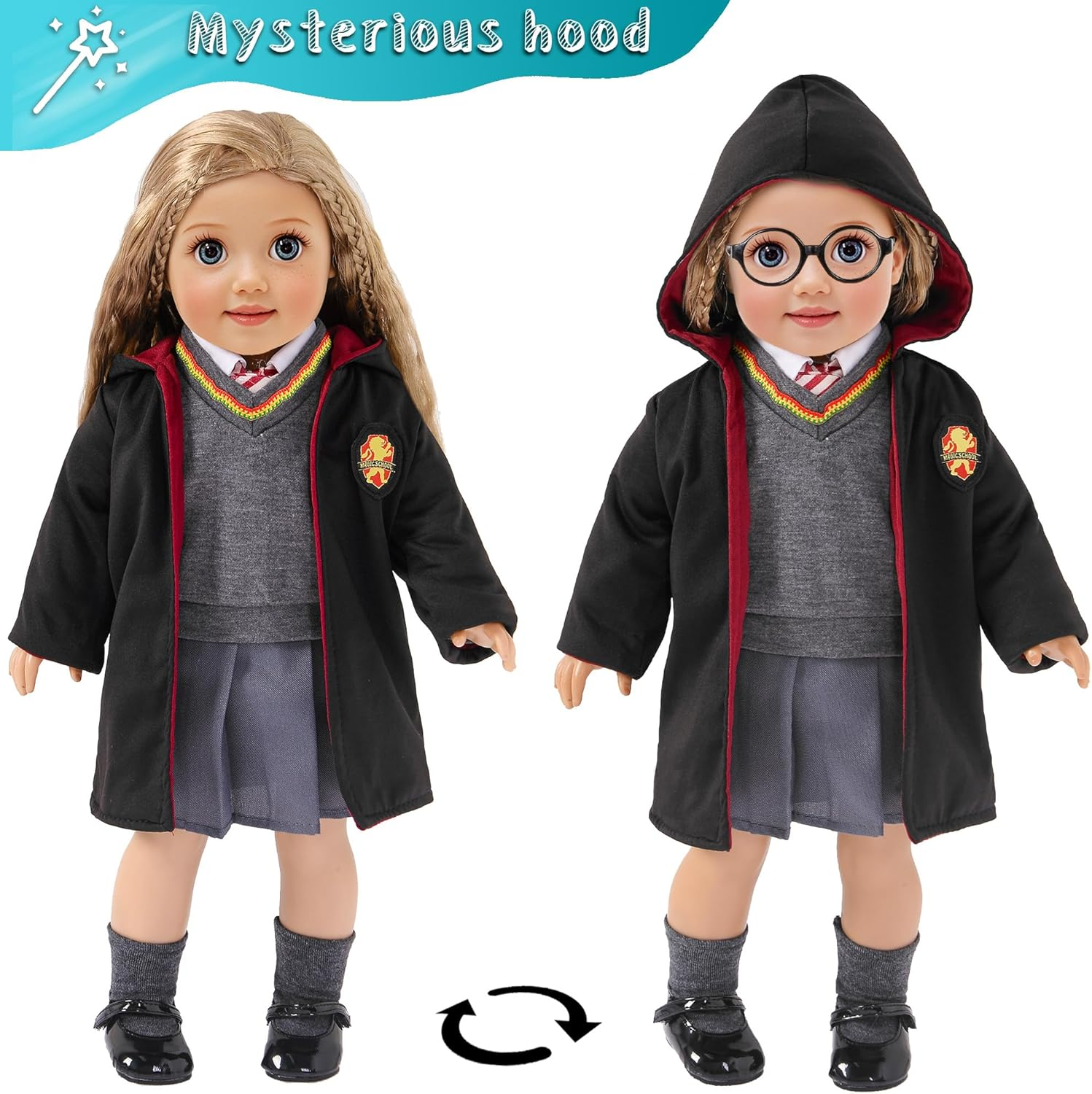 Ebuddy 10Pc/Set Hermione Inspired Doll Clothes Outfits for 18 Inch American Girl Dolls Includes Shirt, Skirt, Sweater, Tie, Socks, Robe, Magic Wind, Imitate Book and Shoes Glasses - Set-2 image number 6
