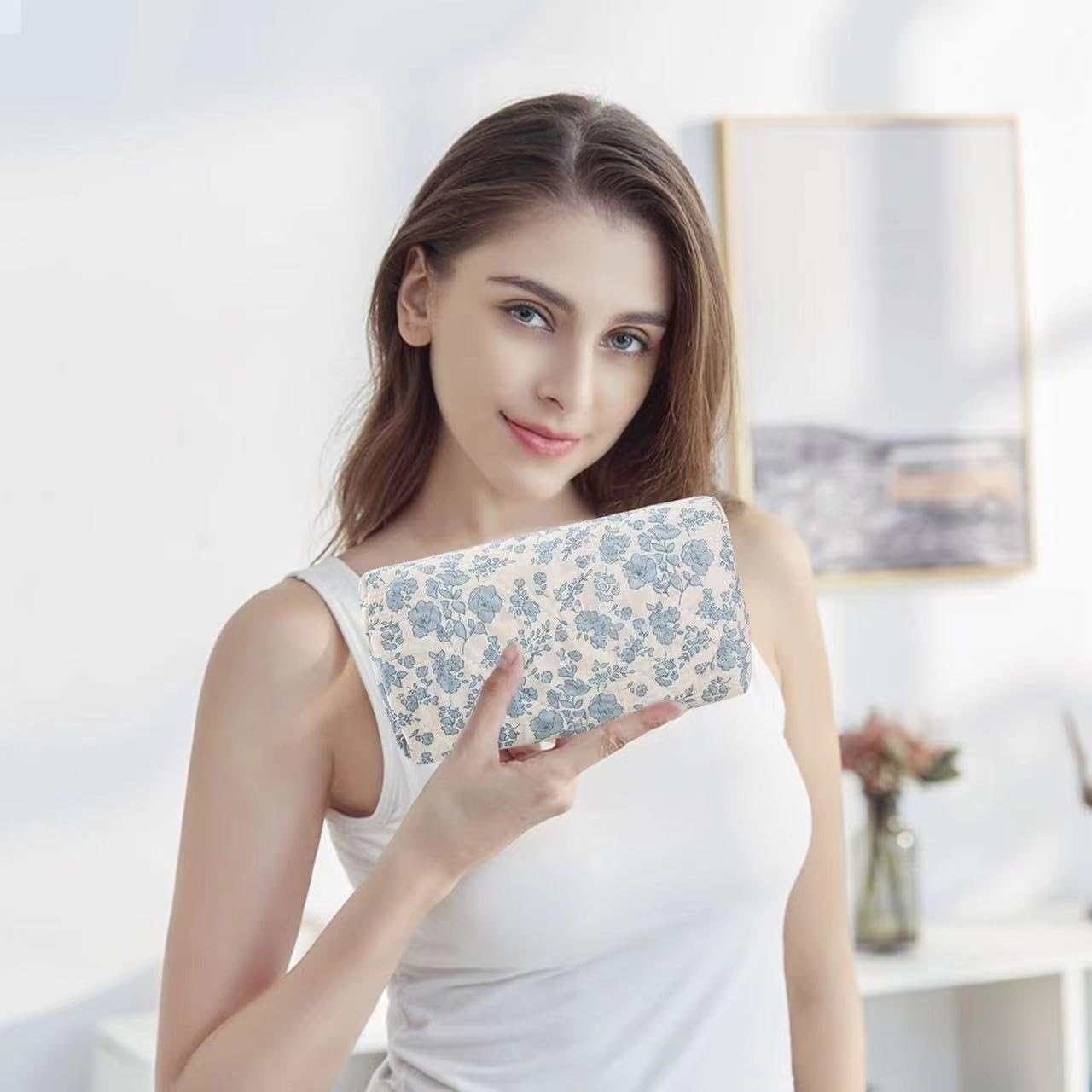 Floral Quilted Makeup Bag - Cosmetic and Skincare Product Pouch, Fashionable Travel Puffy Coquette Makeup Bag, Small Cute Attractive Blue - Blue image number 1