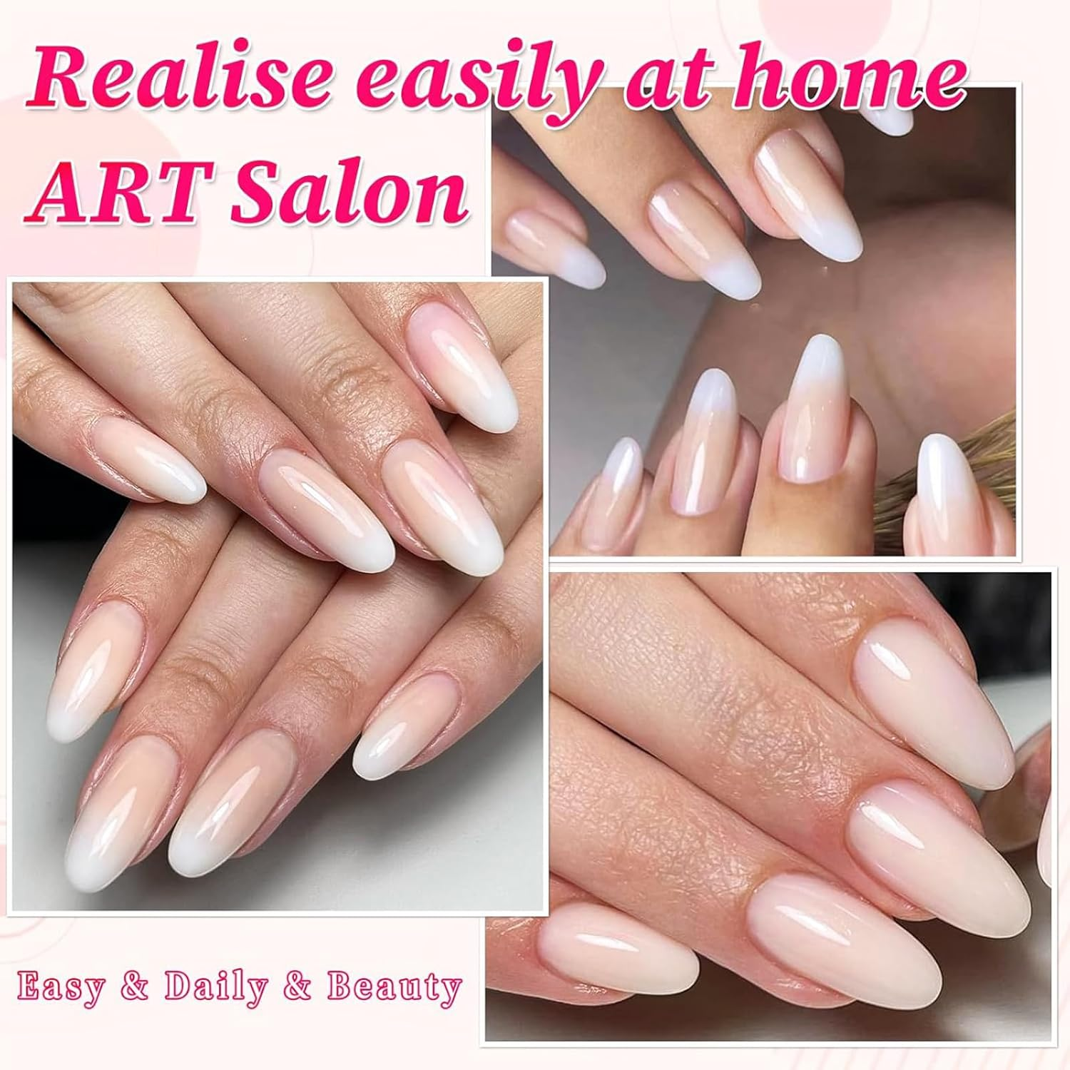 Qioon 24 Pcs Short Almond Press on Nails, French Tip Gradient Fake Fingernails with Adhesive Tabs, Light Color Stick on False Nails for Women and Girls image number 5