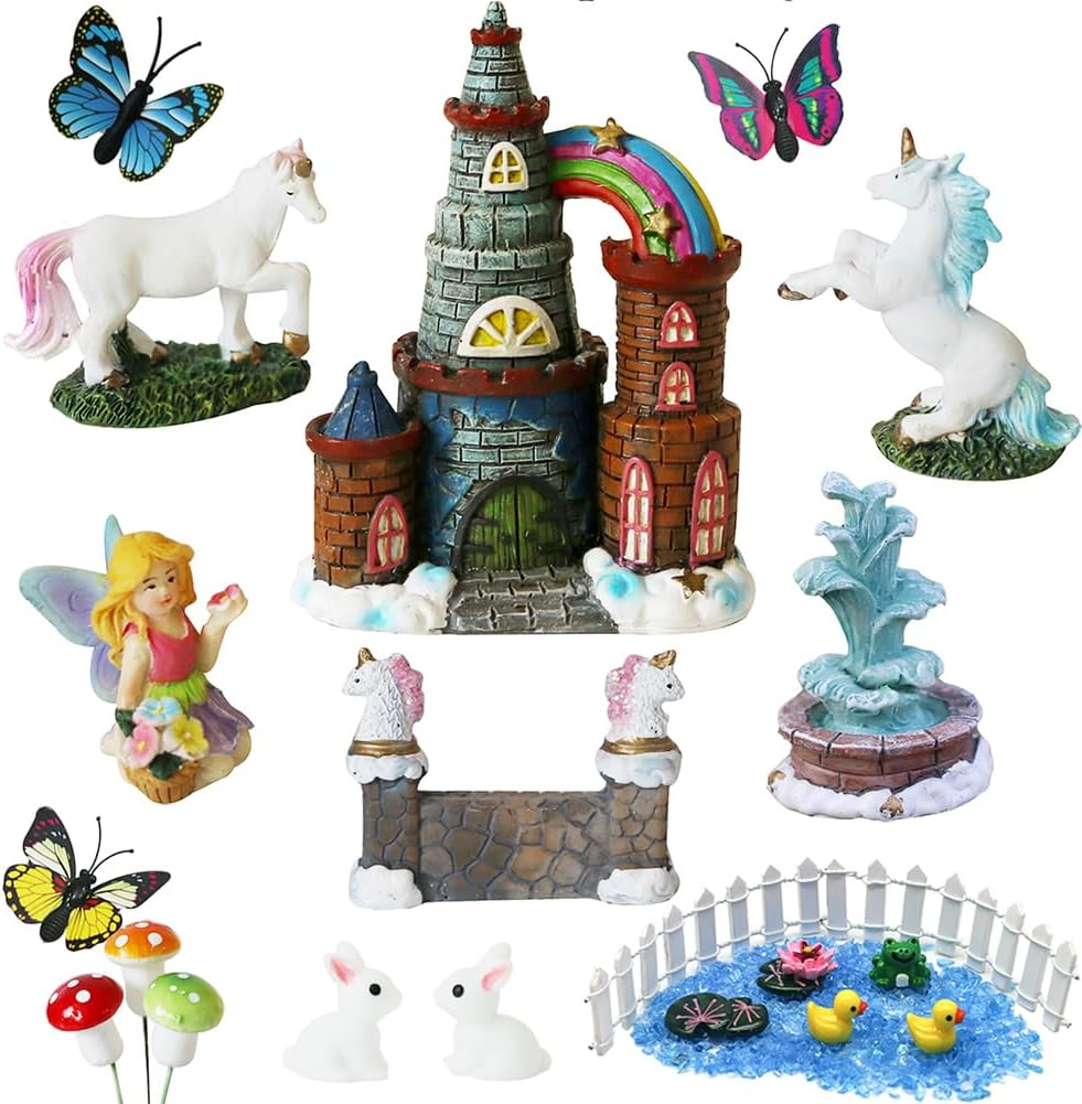 Bangbangda Unicorn Figurines Fairy Garden Accessories - Miniature Unicorn Gift Set Outdoor Garden Decoration &ndash; Fairy Figurines Castle Fountain Girl Birthday Gifts (Set of 23) image number 1