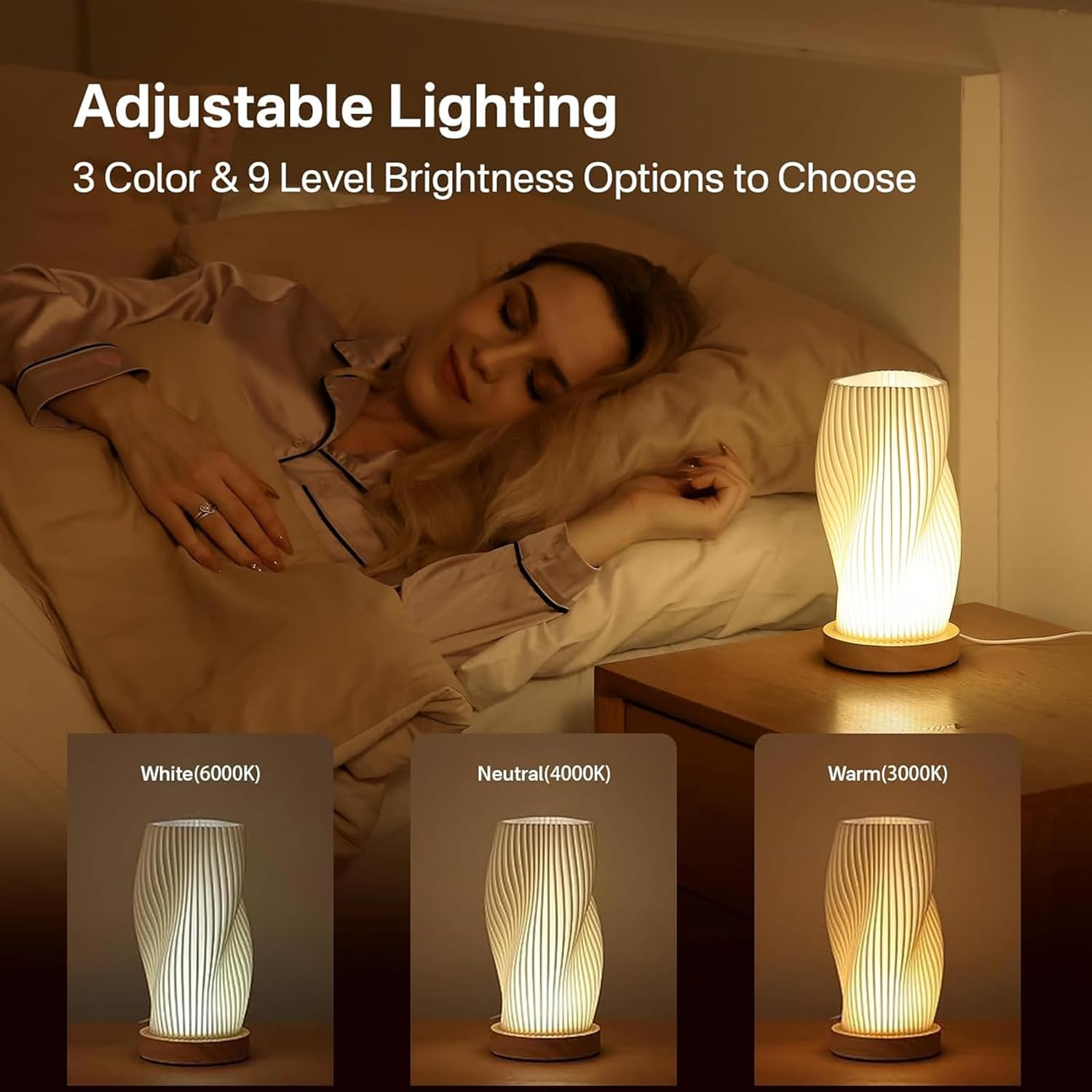 Table Bedside Lamp with Woodbase, Button Control Night Light for Bedroom, Dimmable Nightstand Lamp with PLA Lampshade for Living Room, Kids Room, College Dorm, Office image number 1