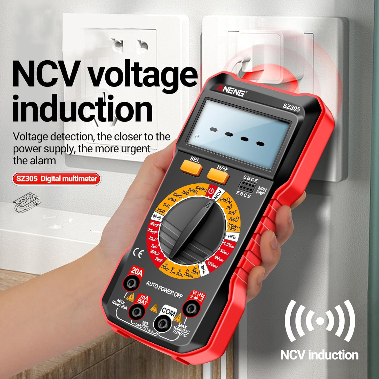 SZ305 Multimeter Capacitor Testers Professional 1999 Counts Smart Voltmeter Ohm Meter Fast Accurately Measures Voltage Current Resistance Capacitor Frequency Diode Hfe