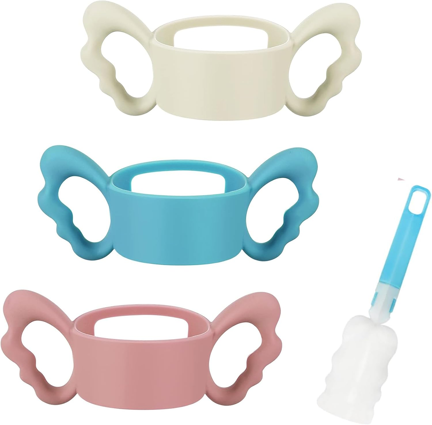 3Pcs Baby Silicone Bottle Handles, Easy Grip Handles with Baby Bottle Brush, Lightweight Easy Carry Silicone Wide-Neck Bottle Handles Angel Wings Baby Bottle Holder(3 Colors) image number 1