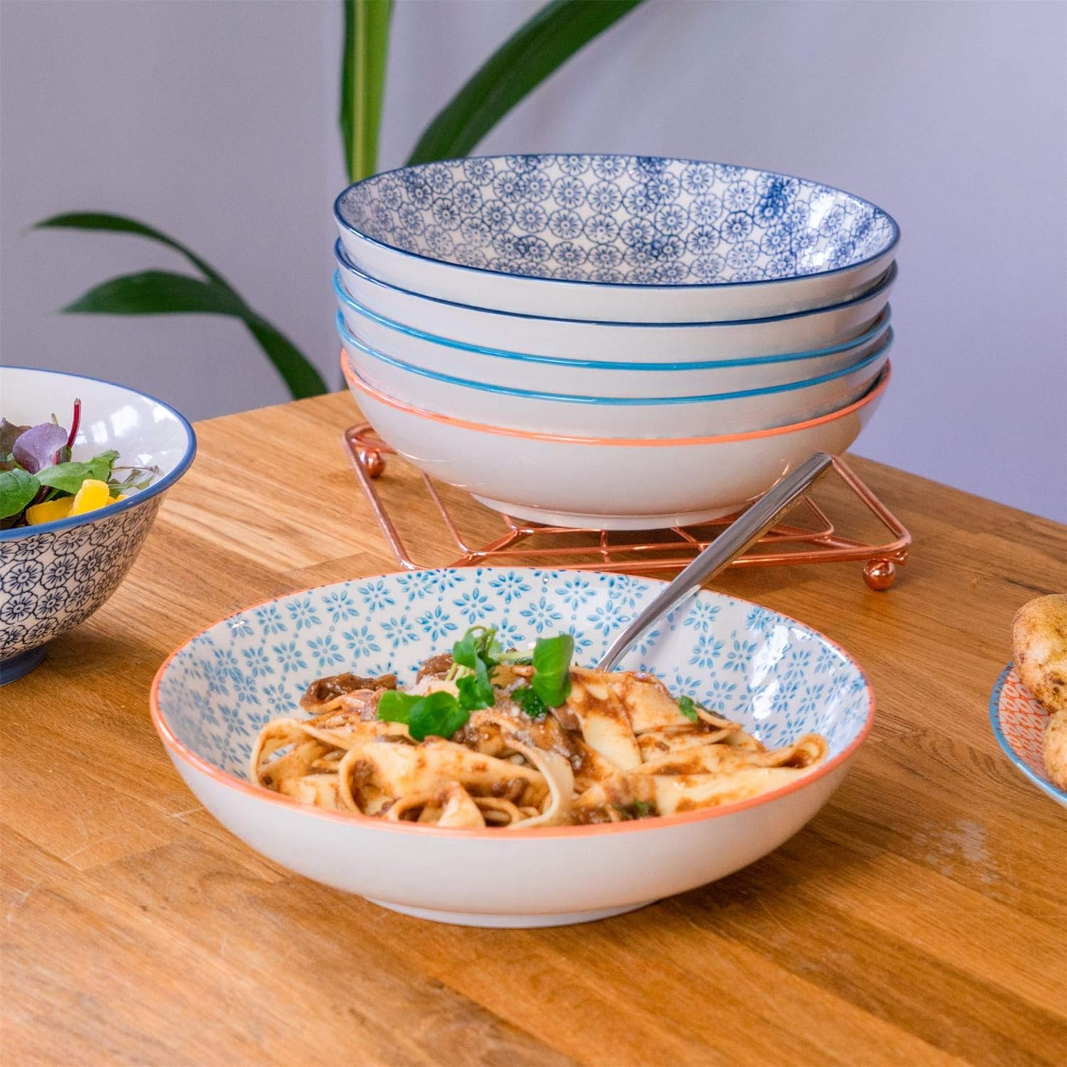 Nicola Spring Patterned Pasta Bowls - 3 Colours - Pack of 6 - Porcelain Flower Print Design Rice Serving Bowls for Cereal, Fruit, Dessert, Salad, Noodles, Snacks