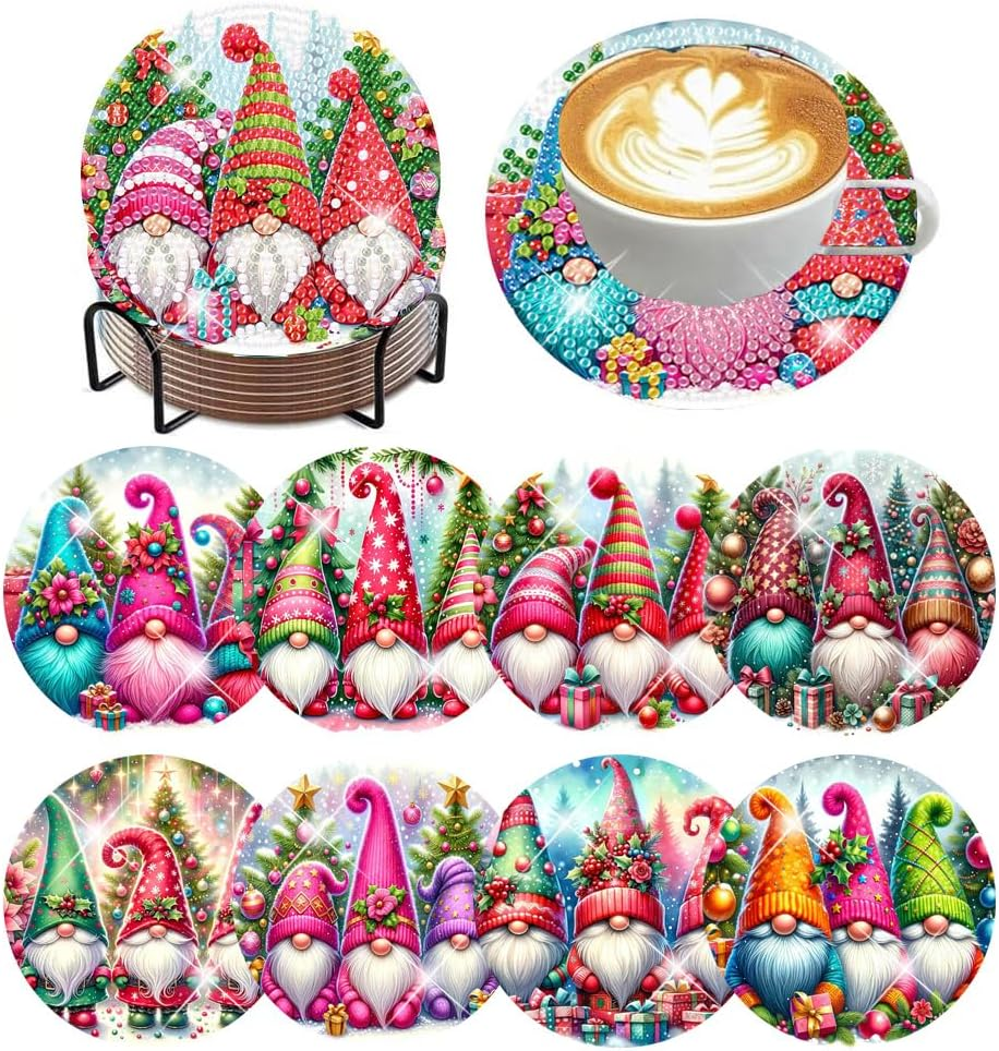 Ijbnhd 8 PCS Dragon DIY Diamond Painting Coasters Set with Holder, 5D Crafts Supplies (Cork Wooden Pad, Multicolored Red Green Gold)