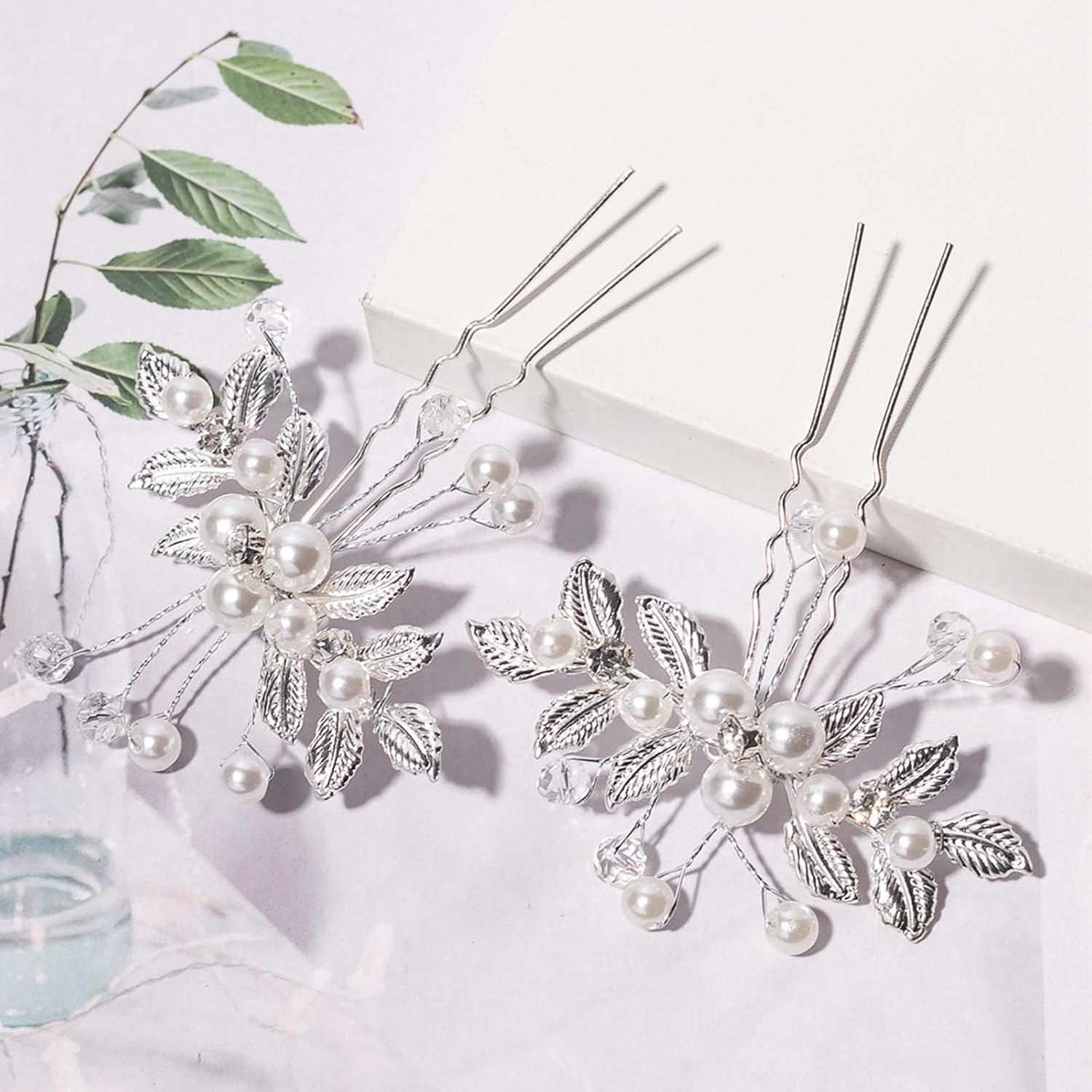 Wendalern Wedding Crystal Hair Clip Crystal Beads Hair Clips Rhinestone Bridal Hair Pin Silver Leaf Pearl Headpiece Decorative Hair Accessories for Women and Girls image number 2