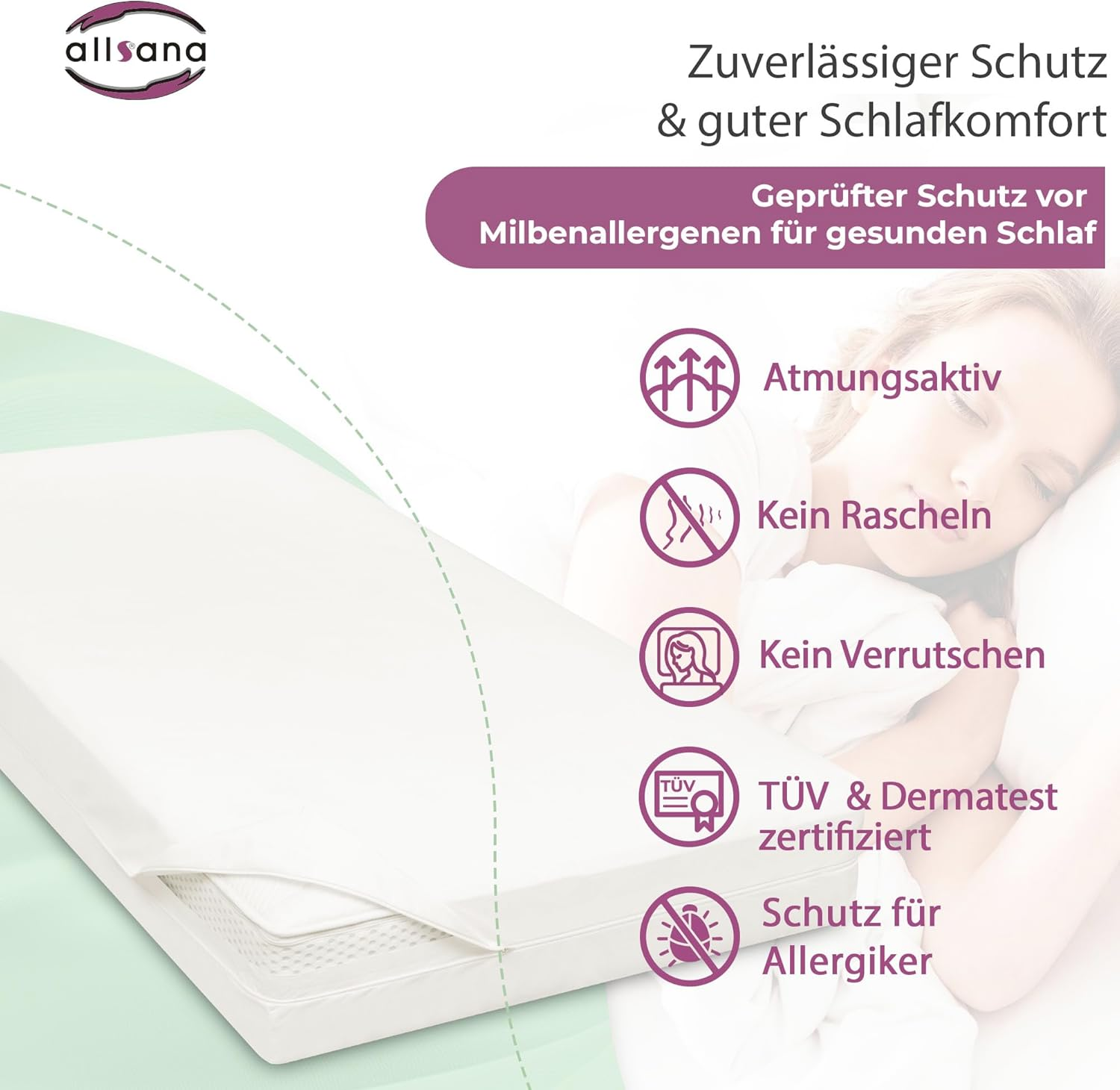 Allsana Allergy Sufferers Mattress Cover 140 X 220 X 24 Cm | Allergy Bed Linen | anti Mite Encasing | Mite Protection for House Dust Allergy Sufferers | Allergy-Proof Intermediate Cover for The