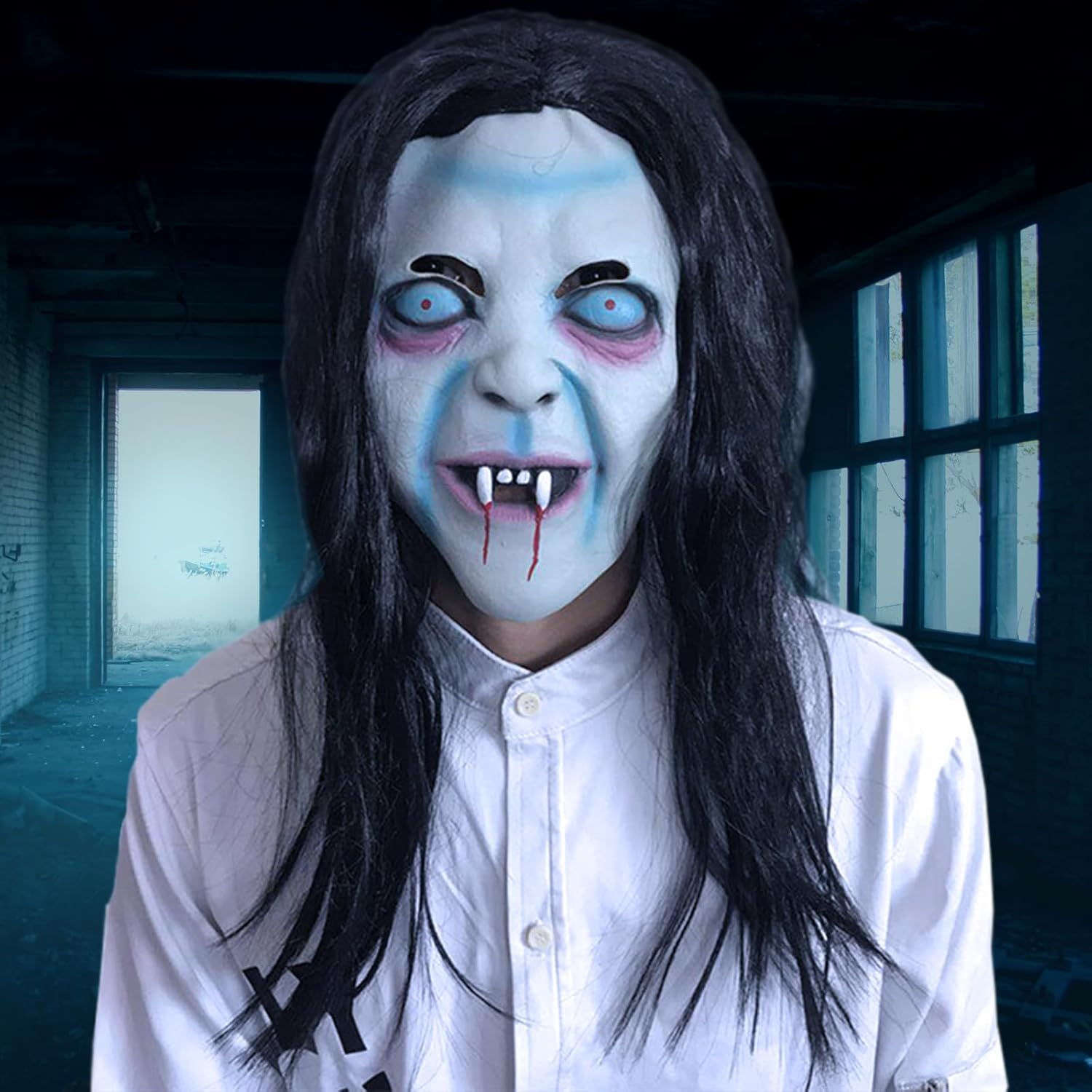 Auto-Plaza Horror Ghost Mask with Long Wig Hair Ghost Wig Creepy Scary Costume Mask for Halloween Cosplay Party image number 4