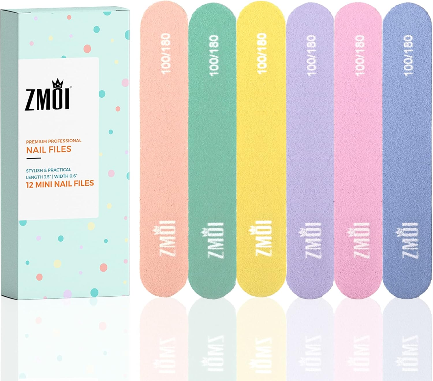 ZMOI Professional Mini Nail File &ndash; 12 PCS Stylish - Practical Fingernail File Pack for Natural and Acrylic Nails 100/180 &ndash; 3.5 X 0.6-Inch Emery Boards