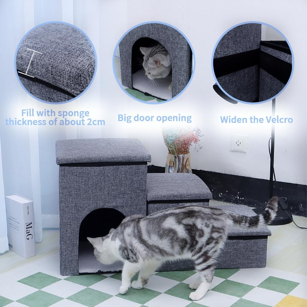 TOMVAES Dog Stairs for Bed, Pet Steps for Small Dogs and Cats, Portable Heavy-Loaded Dog Steps with Storage Box 3-Step to Couch,Doggie Car Ramp for Older Dogs image number 5