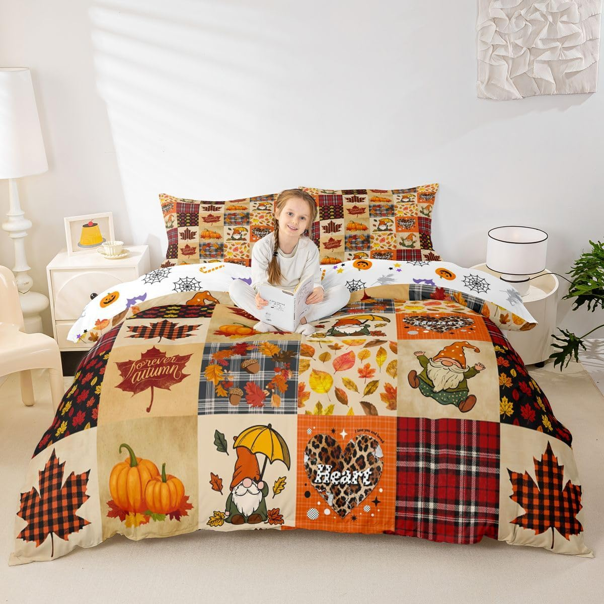 Fall Bedding Set Thanksgiving Day Gifts Duvet Cover for Boys Girls Women Autumn Harvest Comforter Cover Happy Fall Y'All Fall Season Bedspread Cover Geometry Grid Patchwork Bedding Queen Size image number 5