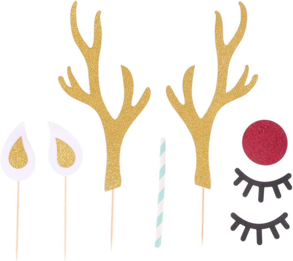 LUOZZY 20 Sets Christmas Deer Cake Toppers Glitter Elk Cake Decoration Antler Deer Eyes Nose Cupcake Picks Xmas Party Supplies - Random Color image number 2