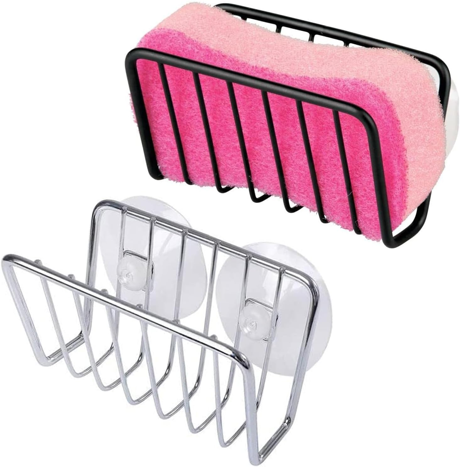 2Pcs Sponge Holder for Kitchen Sink, Stainless Steel Sponge Holder, Quick Drying Open Wire Basket, Wall Mounted Sink Storage Rack with 4 Suction Cups, Organizer Caddy for Sponge Soap Scrubber