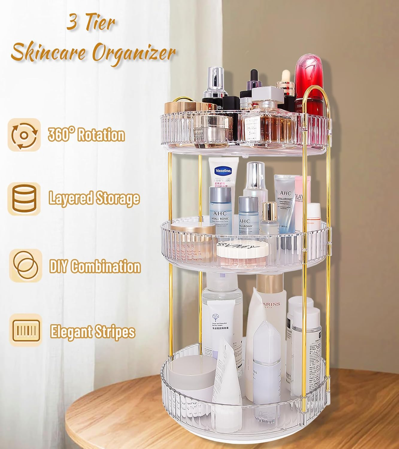 VNIMTI Skincare Organisers 360 Rotating, 3 Tier Makeup Organiser Countertop, Spinning Cosmetics Organiser Display Cases, Beauty Storage for Vanity, Countertop, Bathroom (Clear-3 Tier) - Grey image number 5