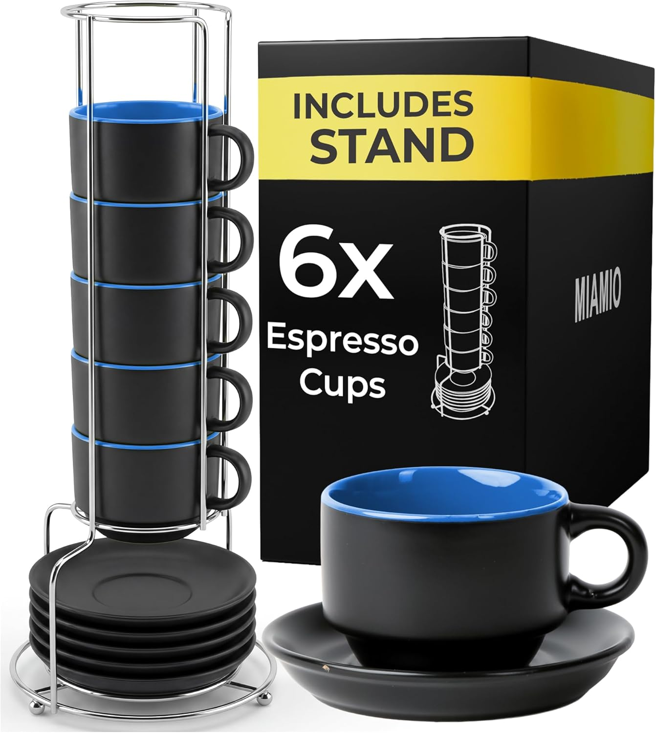 MIAMIO - 75 Ml Espresso Cup Set with Saucers Coffee Mug Set of 6 - Ceramic Coffee Mug Stackable Espresso Mug with Stand for Coffee Drinks, Latte, Cafe Mocha - Le Papillon Collection (Colorful)