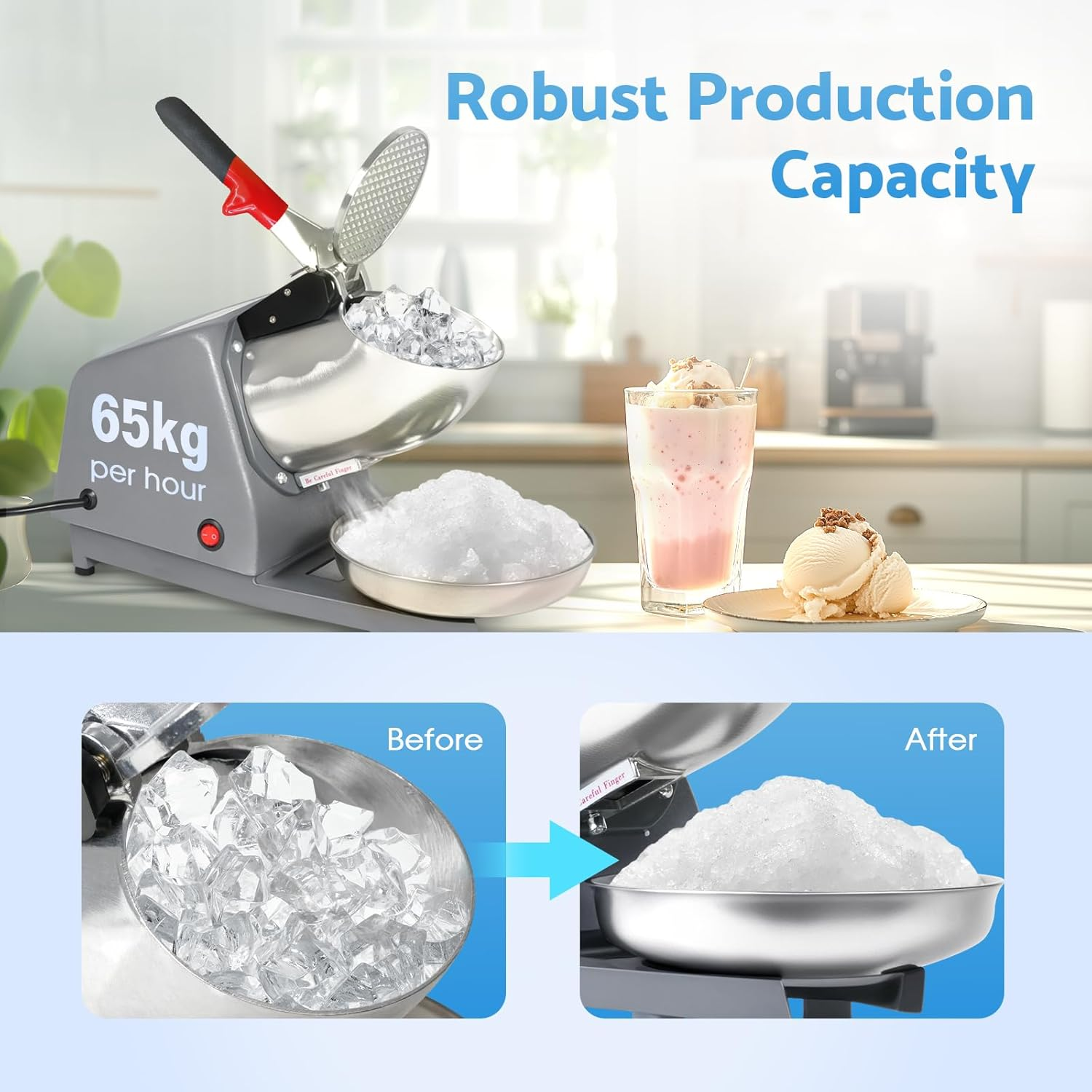 Advwin Shaved Ice Maker, 300W Electric Ice Crusher Stainless Steel Shaving Blade, (65Kg/Hr, 1400Rpm), Suitable for Home and Commercial Use image number 1
