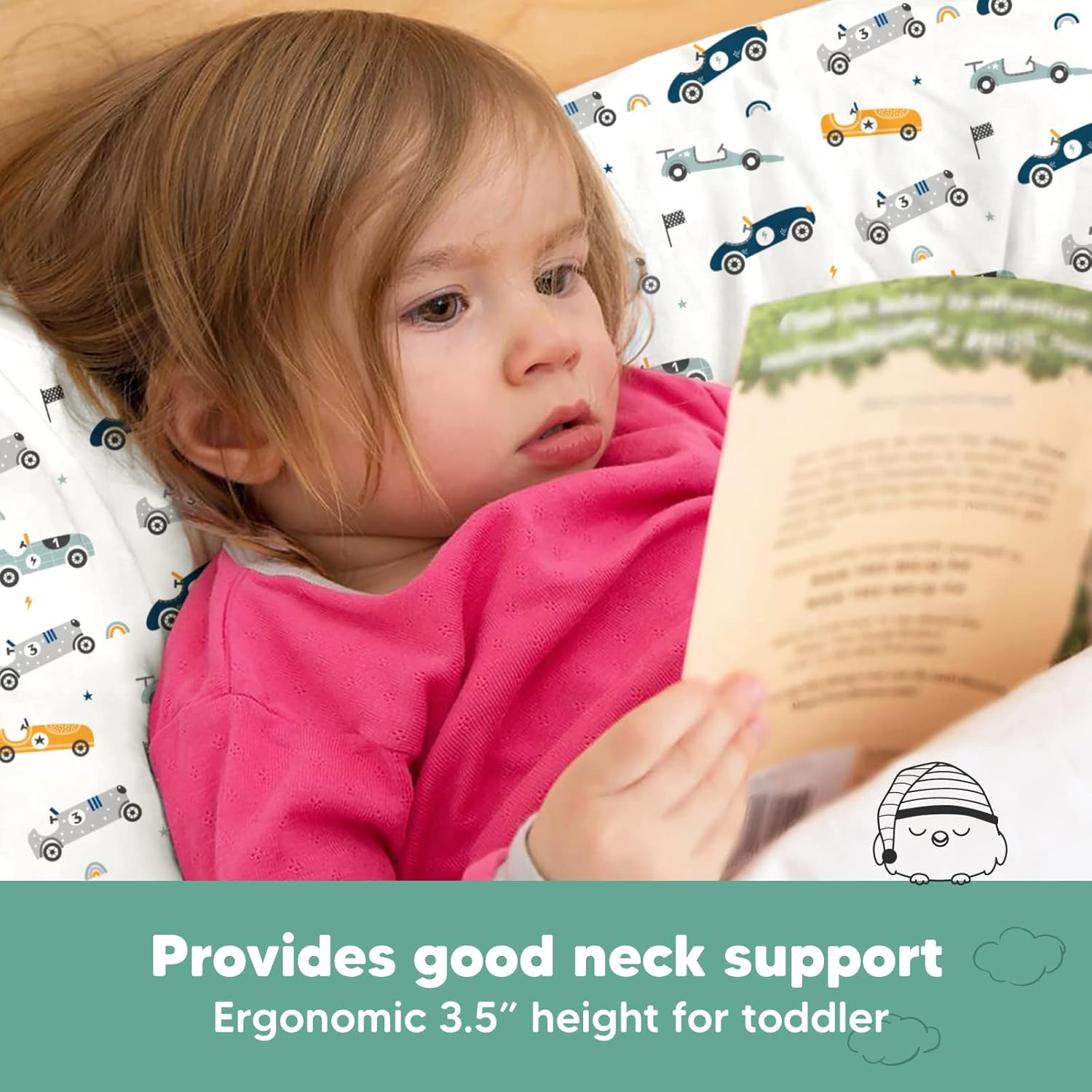 Keababies Toddler Pillow with Toddler Pillowcase, Jumbo 51X35Cm - Soft Organic Cotton Pillow, Kids Pillow for Sleeping, Machine Washable Pillows, Toddler Bed Pillows, Travel Pillow (Racecars) image number 5