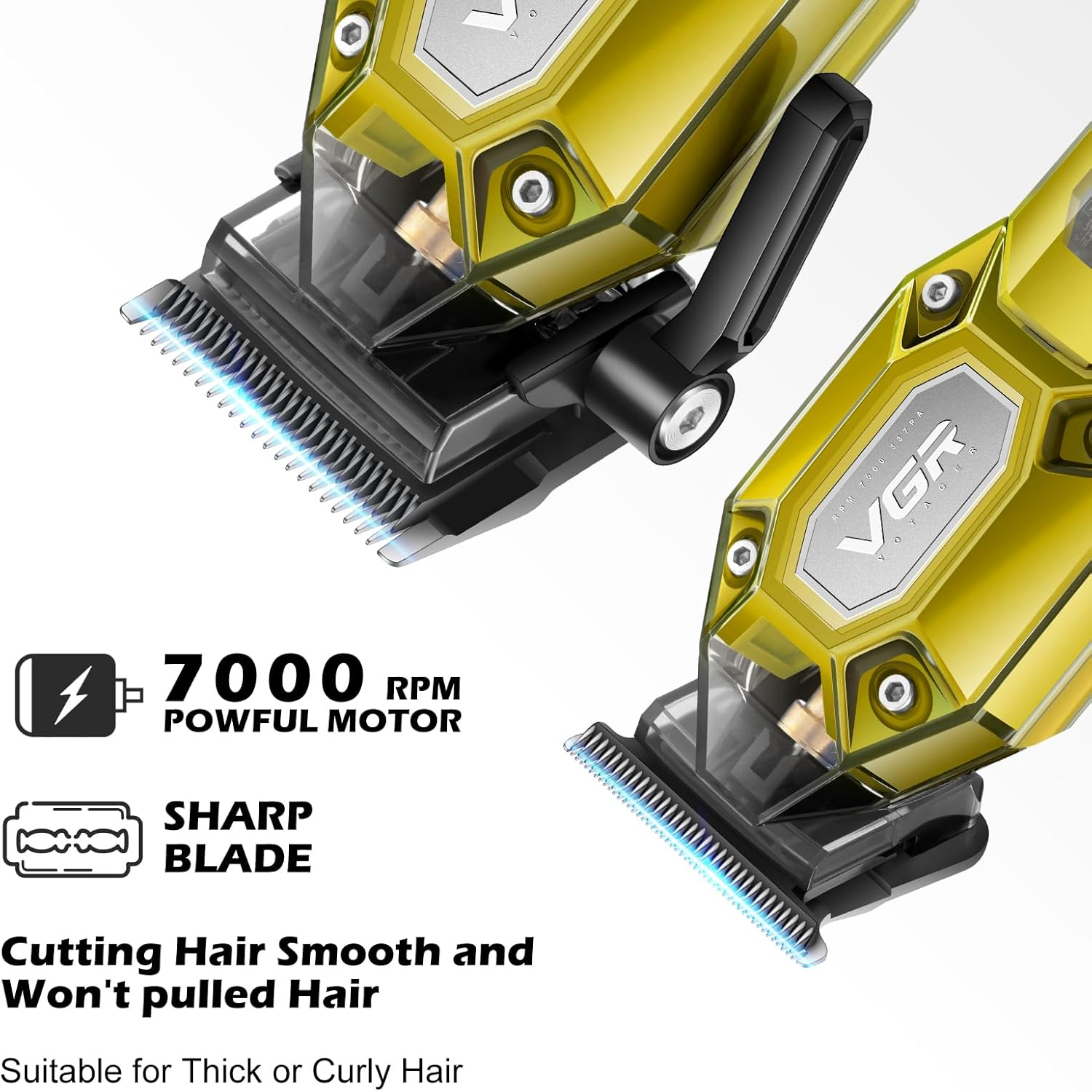 VGR Professional Hair Clippers for Men, Cordless Barber Clippers and Trimmers Set, Mens Hair Cutting Kit with 10 Guide Combs, USB Rechargeable Haircut Machine for Family, LED Display, Gold - Green image number 7