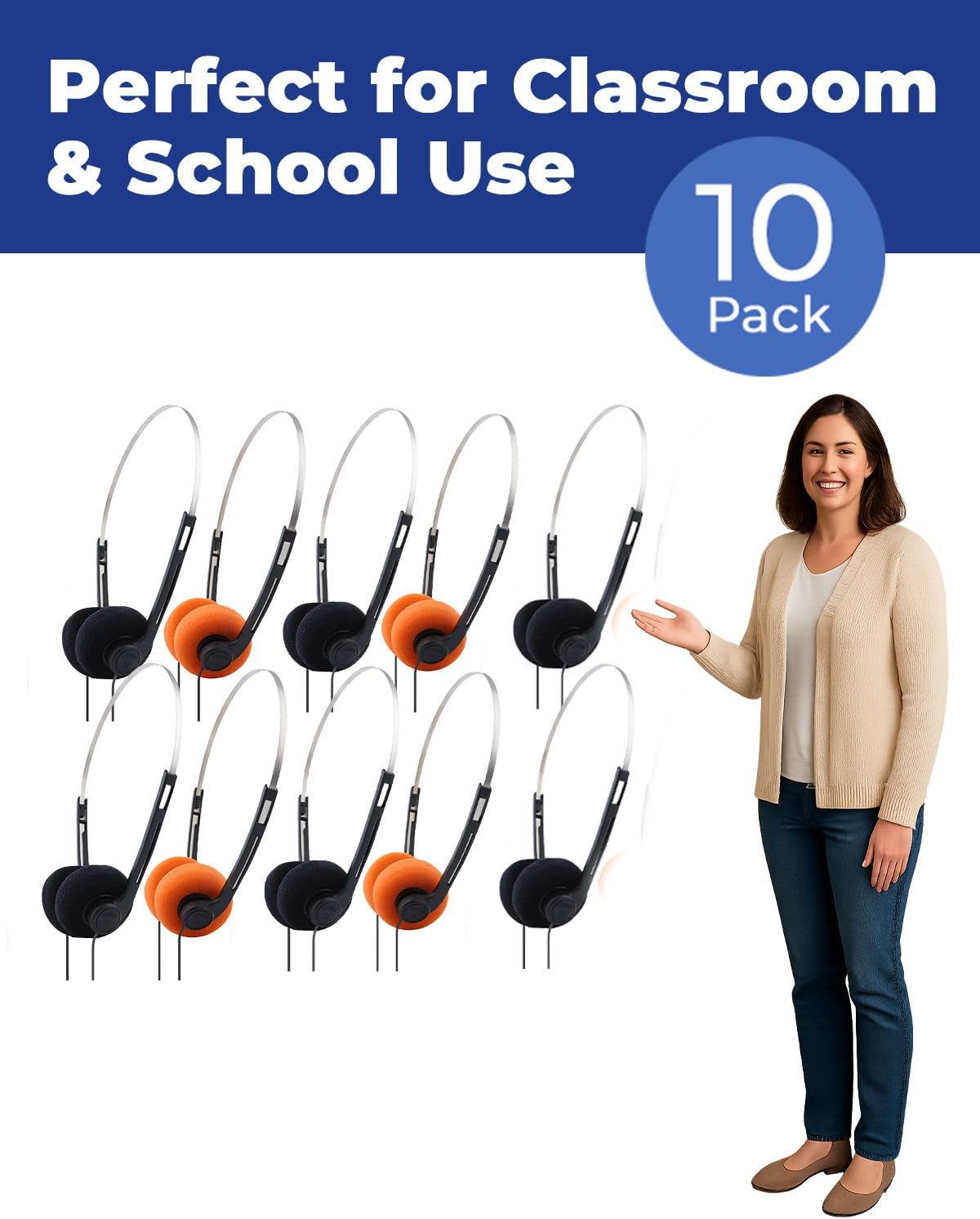 Joyqua Jy-Us-Kid-10Pack-Black Metal, Kids Headphones 2 Pack &ndash; Safe 98Db Volume, Fun Colors, Perfect for Sharing at Home, Travel & Classroom, Blue image number 6