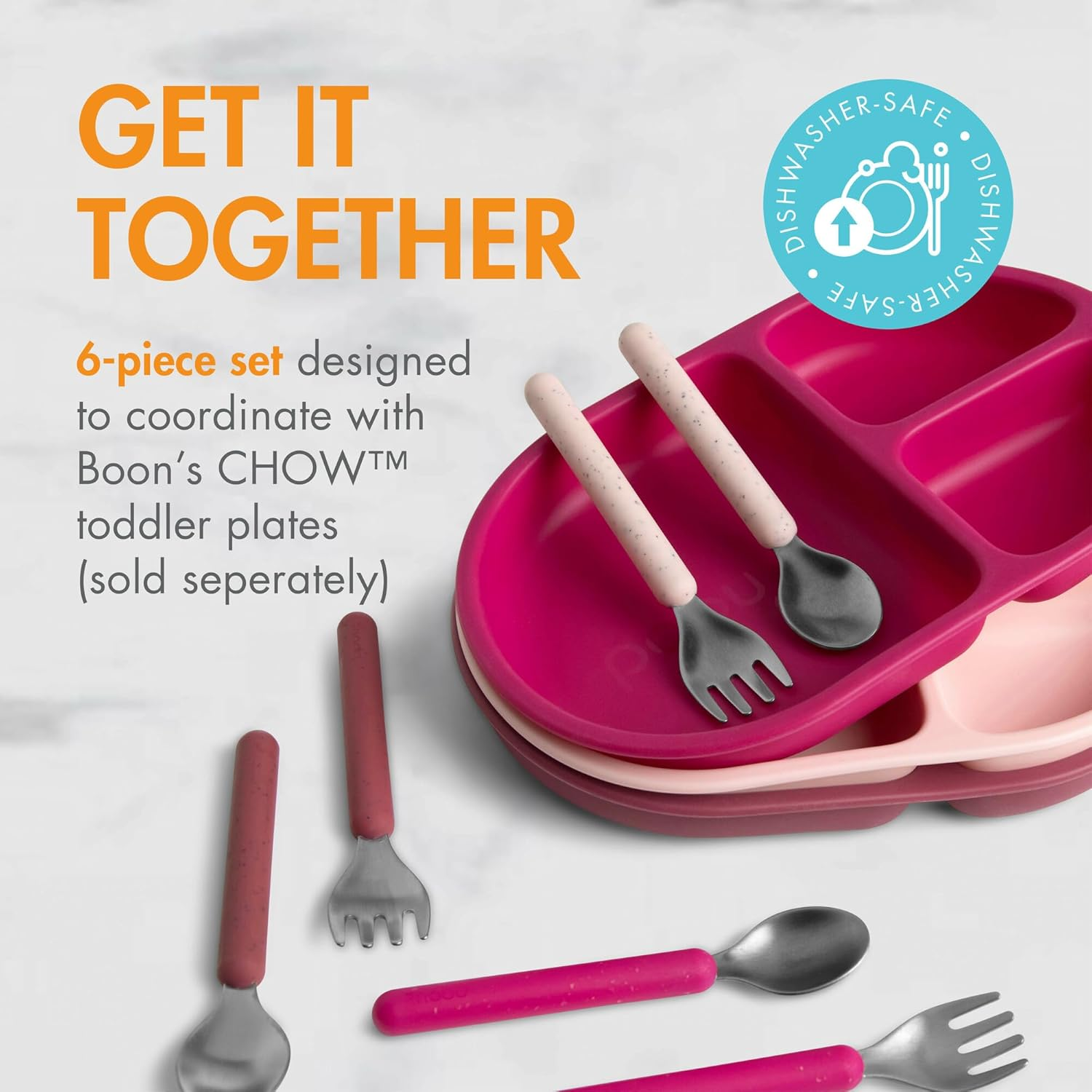 Boon Chow Toddler Stainless Steel Utensils Spoon and Fork 6-Piece Set, Pink image number 3