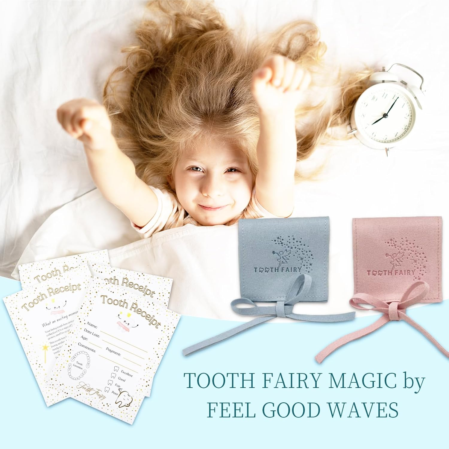 22 Pack Tooth Fairy Receipts with 2 Tooth Pouches (Pink and Blue Each), Tooth Fairy Kit for Kids, Tooth Keepsake Gifts for Boys and Girls, Lost Tooth Gift image number 4
