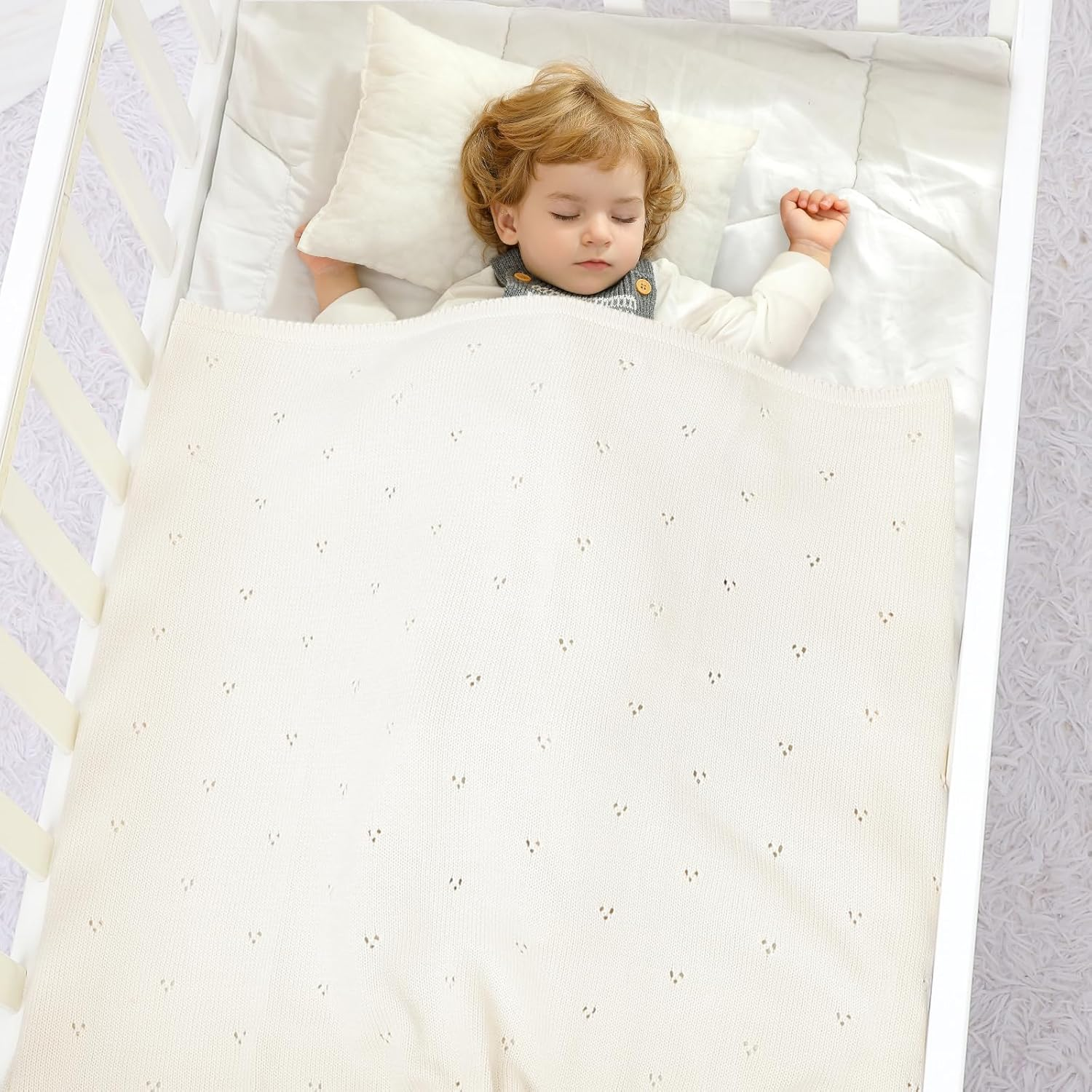 Baby Blanket 100% Cotton Cellular Blanket Baby Soft Cosy Knitted Blanket Cream 100X80Cm image number 2