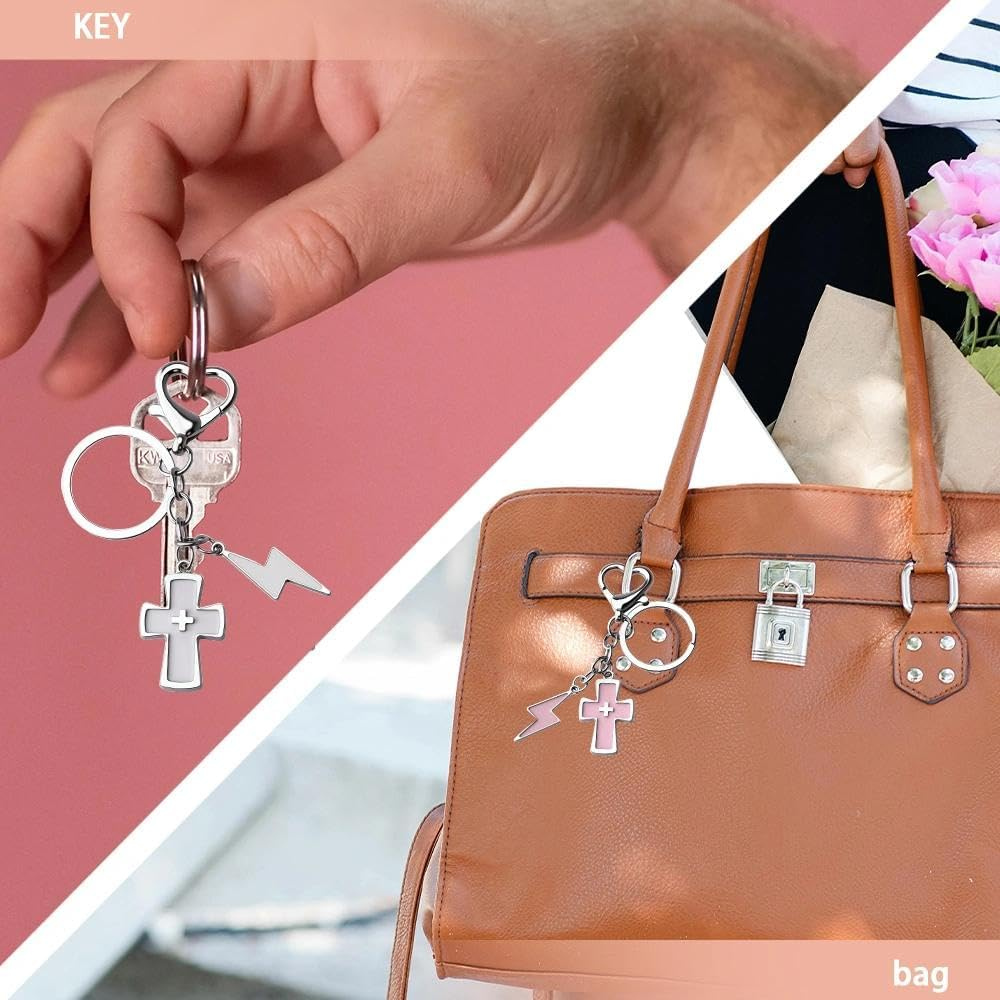 2PCS Y2K Cross Keychain for Women Punk Matching BFF Bag Charm Pink White Cross with Lightning Bolt Charms Car Keys Key Chain for Best Friends Sister Boyfriend Girlfriend image number 5