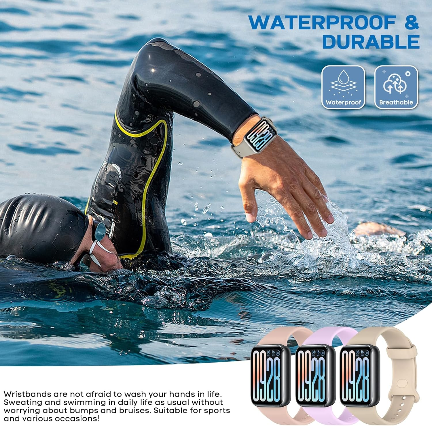 Xisair 3 Silicone Wristbands Compatible with Xiaomi Smart Band 9 Pro and Xiaomi Smart Band 8 Pro Sports Wristband, Silicone, Breathable, Soft and Comfortable Replacement Bands Suitable for Miband 9