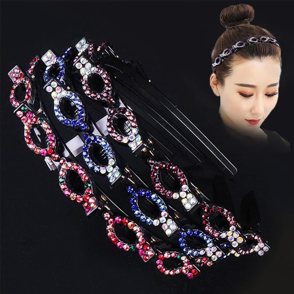 Woven Headband Rhinestone Clip Bangs Double Headband Hollow Braided Hairband (A) image number 4