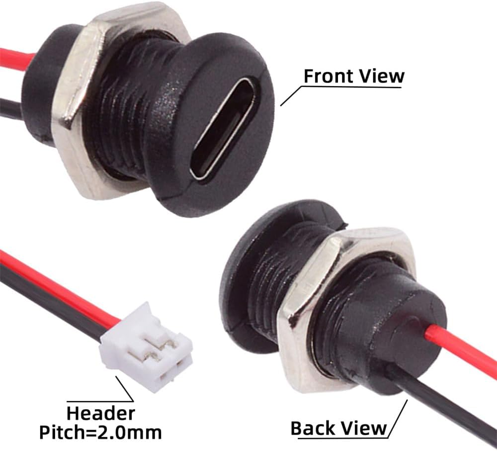 Xiwai 5Pcs DIY OEM Type C Female Socket to 2Pin Header Wire Extension DC 5V Power Cord Pitch=2.0Mm Panel Mount USB C Waterproof Jack 17.5Cm