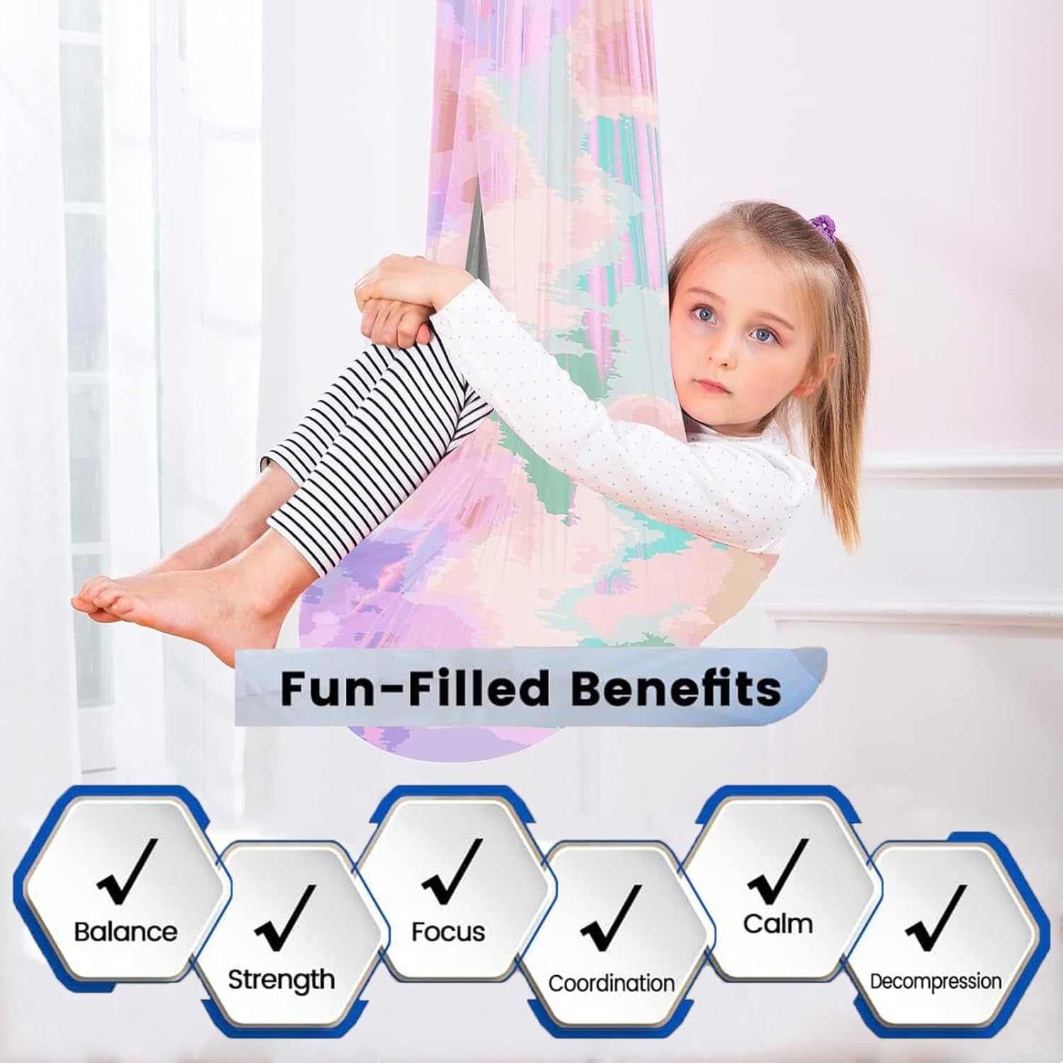 Visuivit Sensory Swing for Kids, Therapy Swing Indoor Outdoor, Healing & Relaxing Cuddle Indoor Swings for Kids with Autism, ADHD, Sensory Processing Disorder (Rainbow, Single Layer) image number 5