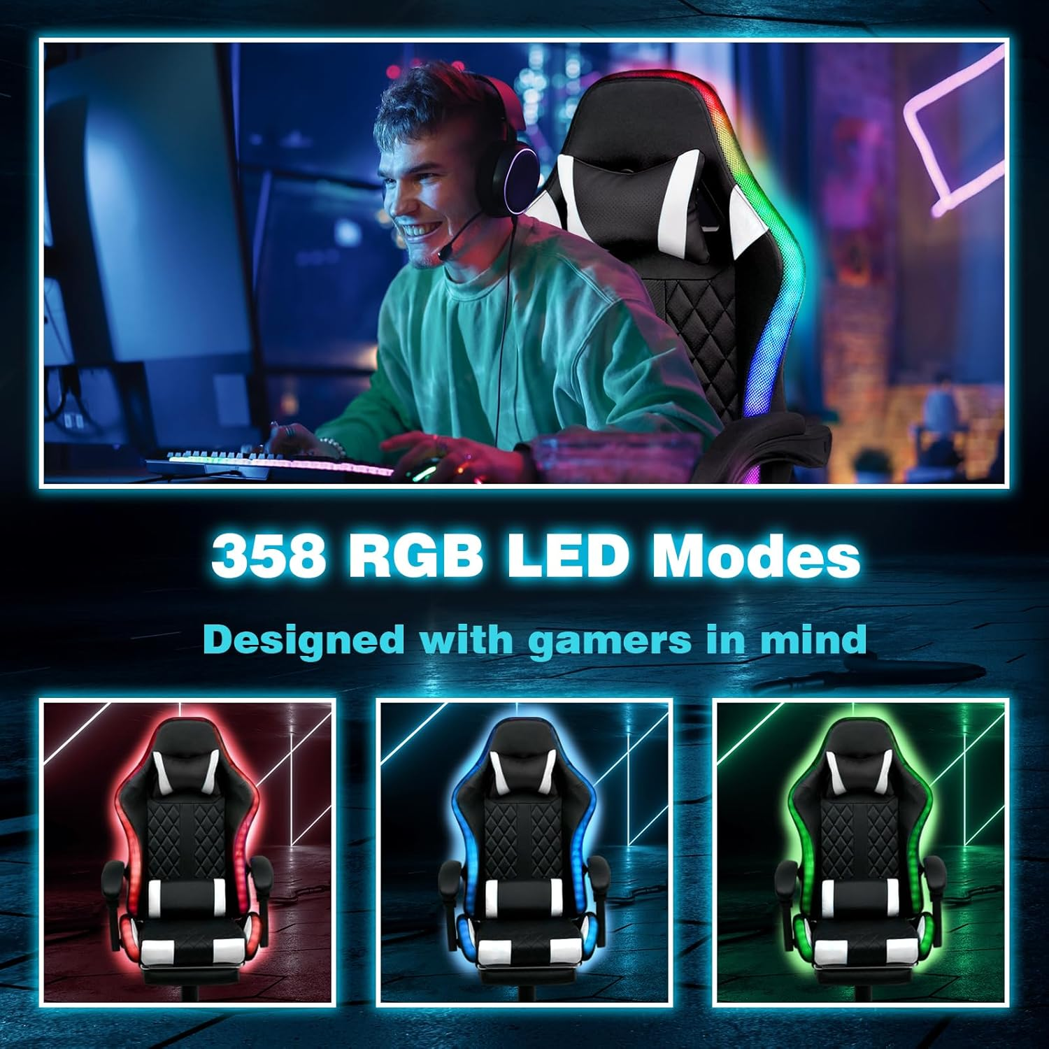 Ufurniture Gaming Office Chair RGB LED Lights,High Back Massagers Racing Recliner with Footrest,Ergonomic Executive Computer Chair with Lumbar Support,360&deg;Swivel,10Cm Height Adjustment Black & White - Full Black image number 2