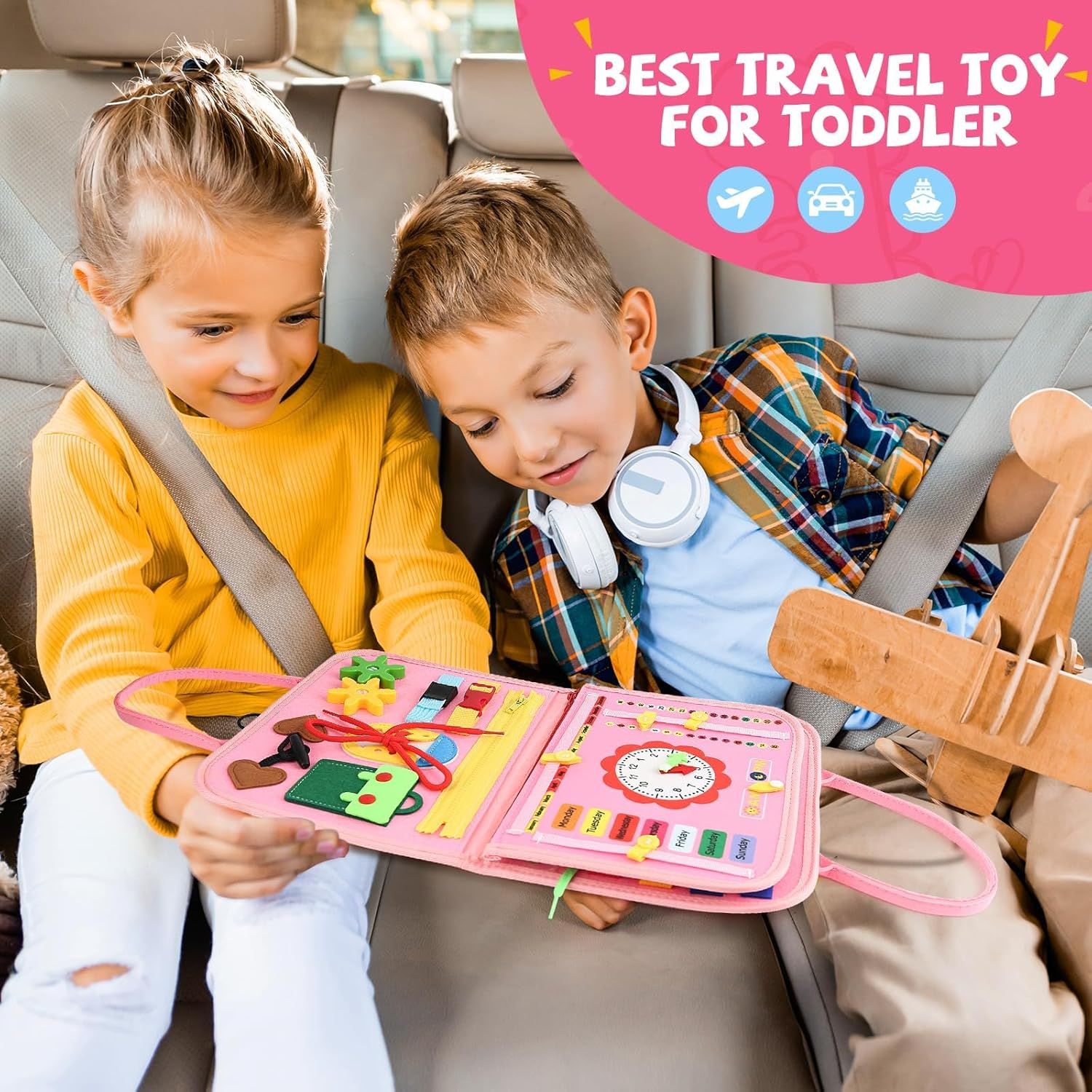 Montessori Busy Board Toys, Sensory Board for Toddlers 1-3, Travel Felt Busy Book for Airplane Car, Activity Busy Mat for Learning Fine Motor Skills Suits Boys Girls Birthday Gifts (Pink) image number 4