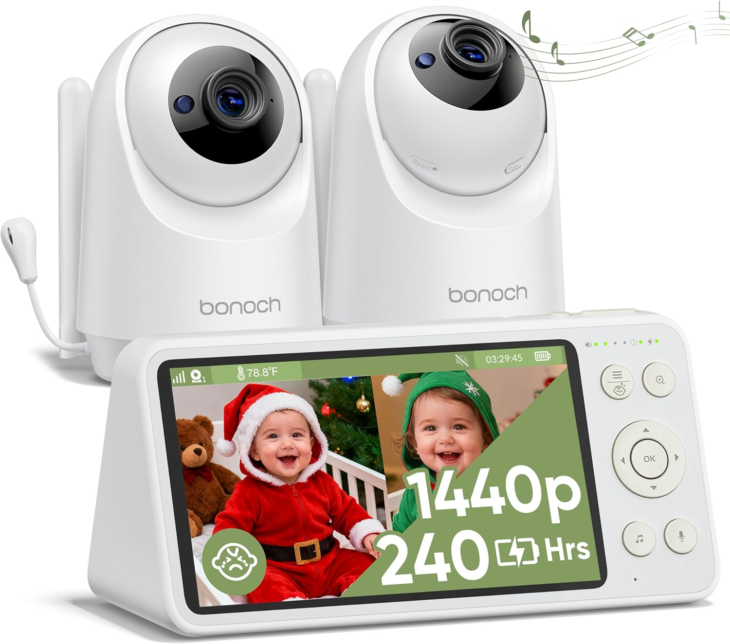 Bonoch 5.5" 1440P Baby Monitor 2 Cameras, Dual Video Monitor with Split Screen, Smart No Wifi Baby Monitor Camera, Detect Sleep Turnover/Cry/Motion, 240H Long-Lasting, Hack Proof, White Noise, Gifts