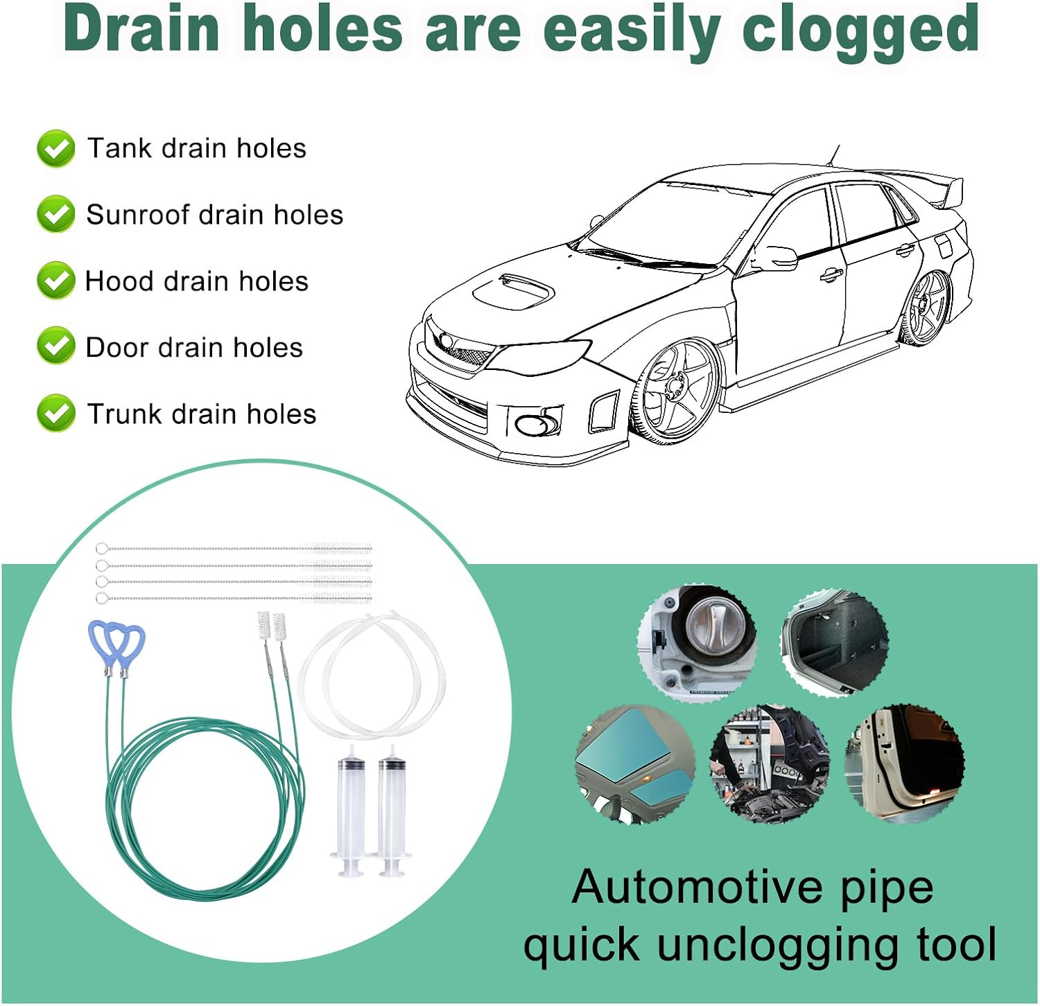 10 Pcs Car Sunroof Drain Cleaning Tool, 2 118In Flexible Long Pipe Cleaners with 4 Cleaning Brush 2 Syringe & Syringe Hose Heart Shaped Handle Soft Drain Brush for Auto Sunroof Wiper Hole image number 2