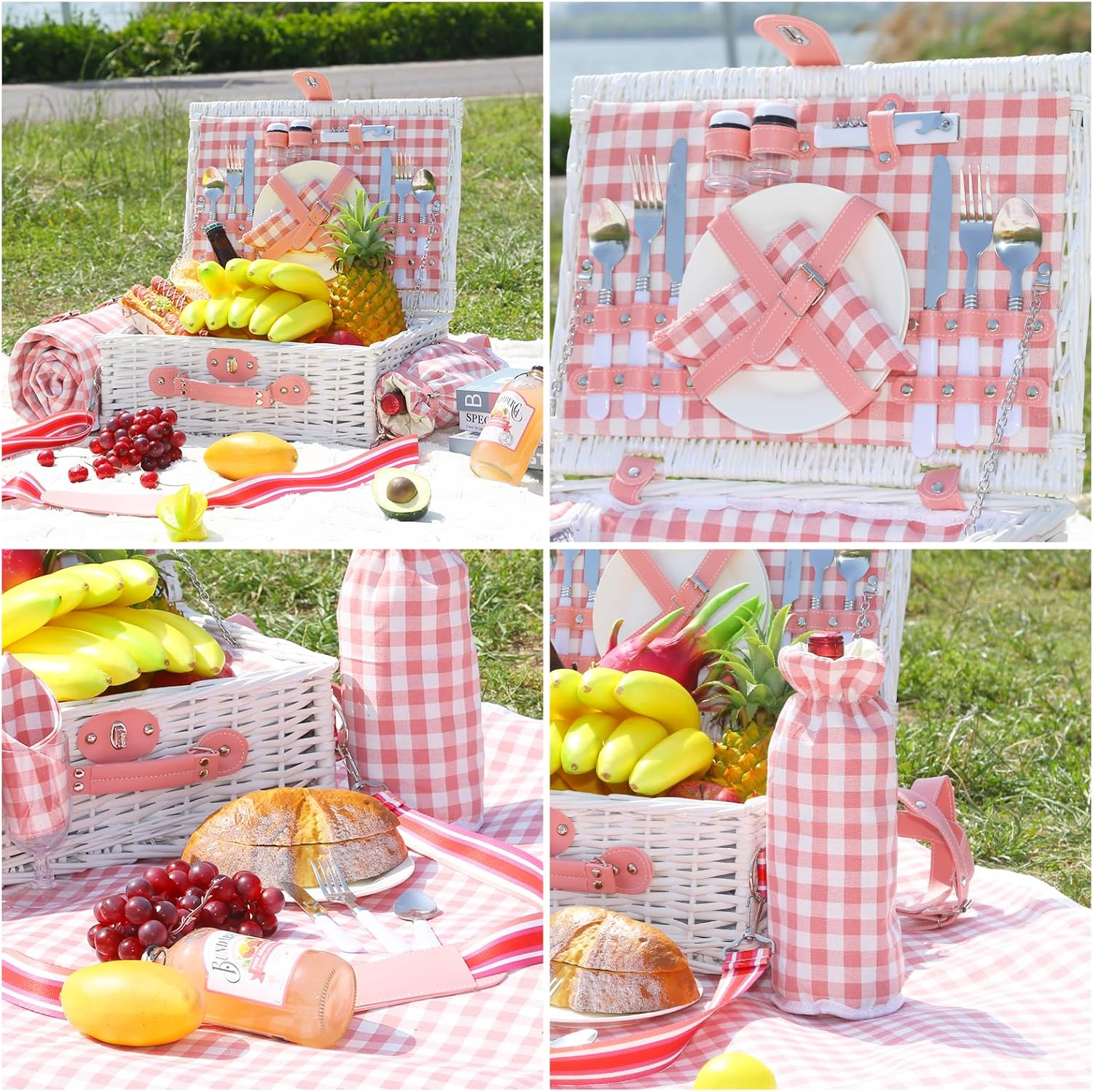 Picnic Basket for 2 with Waterproof Blanket and Wine Pouch, Insulated Wicker Picnic Basket Set, Large Willow Hamper for Outdoor, Beach, Camping, Couples, Wedding Gift, Pink