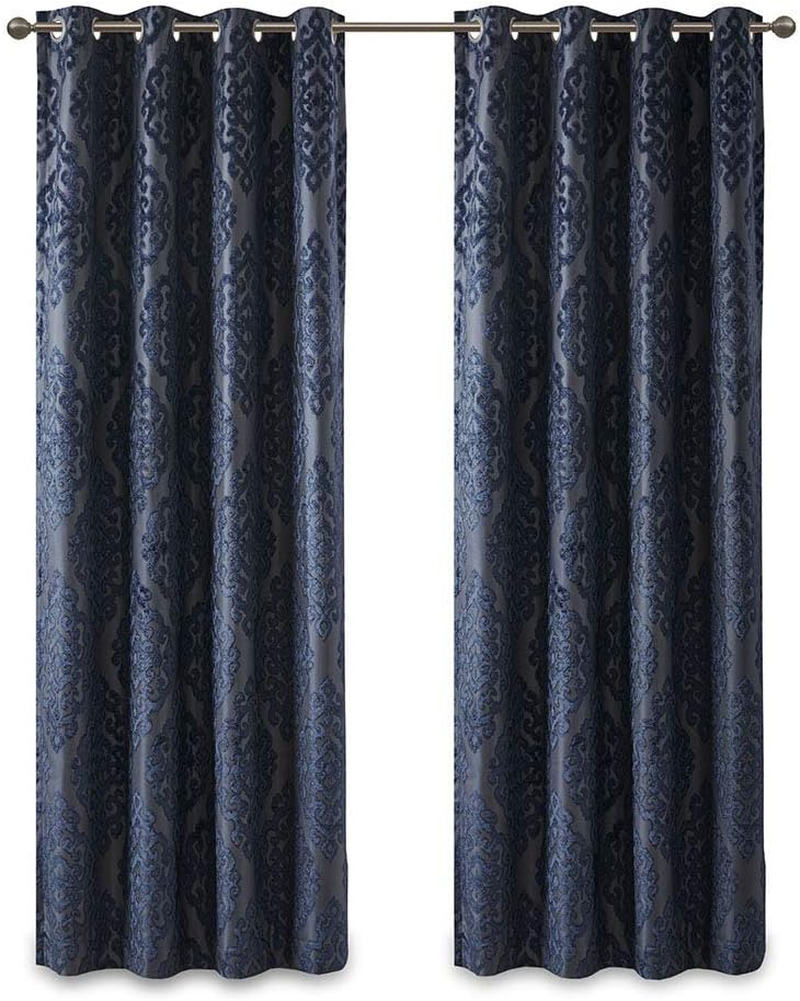 Sun Smart Mirage 100% Total Blackout Window, Knitted Jacquard Damask Room Darkening Curtains Panel with Grommet Top, 50X84, Navy image number 6