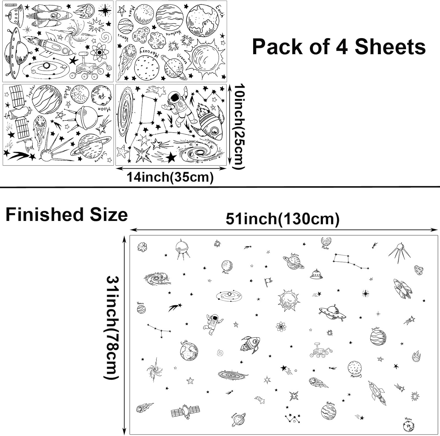 Maydahui Outer Space Stars Planets Wall Stickers Rockets Astronaut Vinyl Wall Decals (47" X 51") Peel & Stick Removable Boys Room Wall Decor Decals for Kids Bedroom Nursery Classroom (Black) image number 5