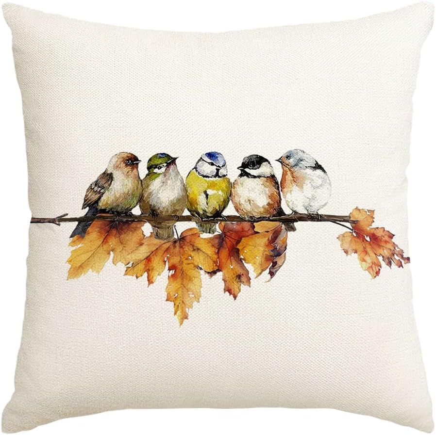 RABUSOFA Spring Summer Pillows Decorative Throw Pillows 20X20,Large Outdoor Bird Pillow Covers,Single Watercolor Hand-Painted Oil Painting Rustic Birds Square Pillow Cases for Couch Sofa