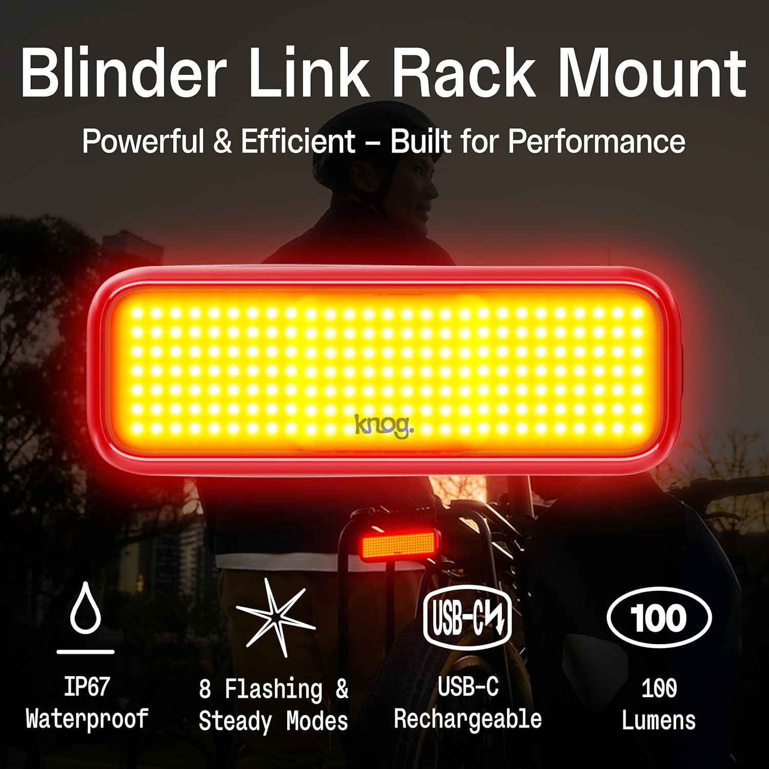 KNOG Blinder Link Rear Bike Tail Light - 100 Lumen Rack Mount Rear Bike Light, 50 Hour Runtime, Low Battery Indicator, Fits 50-80Mm Racks - Powerful Bike Light No-Size Black image number 2