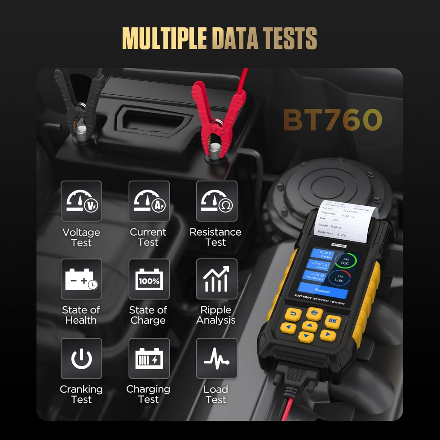 Battery System Testers BT760 Battery Analyzer 30-2000 CCA Battery/Load/Charging/Cranking Test for 8-32V Vehicles HD Vans Trucks Motorcycles Built-In Printer with 3 Rolls Printer Paper 14 Languages image number 3