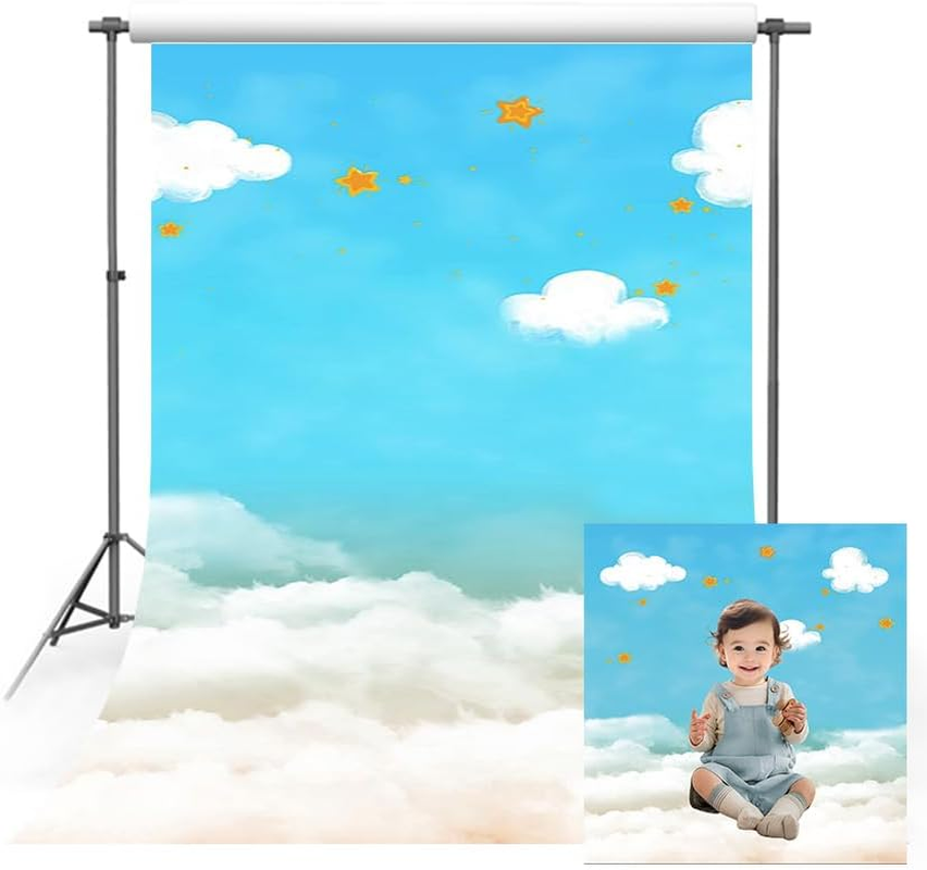 MEHOFOND 5X7Ft Blue Sky White Clouds Stars Backdrop for Photography Boys and Girls Portrait Backdrop Newborn Baby Shower Cake Smashed Birthday Party Decoration Banner
