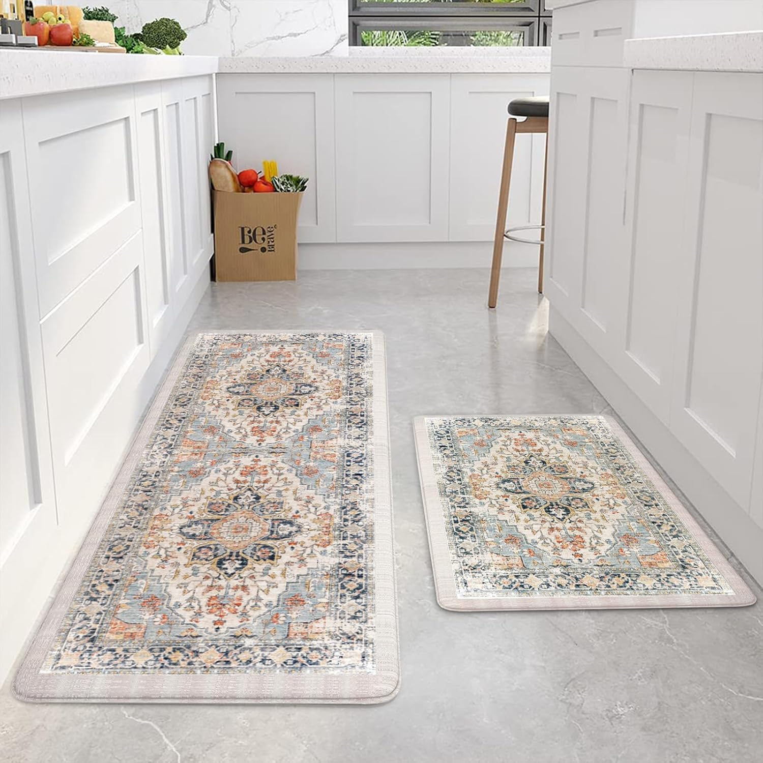 STEUGO 2 Pieces Boho Kitchen Rugs and Mats,Non-Slip Washable Carpets for Kitchen,Waterproof Kitchen Floor Rugs Set,Comfort Rug Sets of 2 for Kitchen/Bathroom,17"X29"+17"X59"(Colorful) image number 5