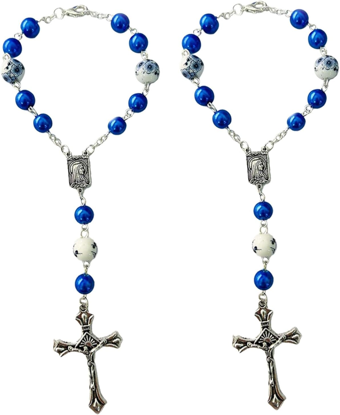 2-Piece Car Rosary & Cross Pendant Car Accessories, Rearview Mirror Hanging Ornament (White)