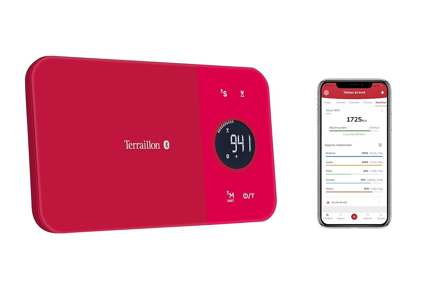 Terraillon Nutritab Kitchen Scales, Connects to Smartphone/Tablet, Energy Supply, with Tare Function, Liquid Display, Timer, Bluetooth Smart, 5 Kg, Cranberry Red