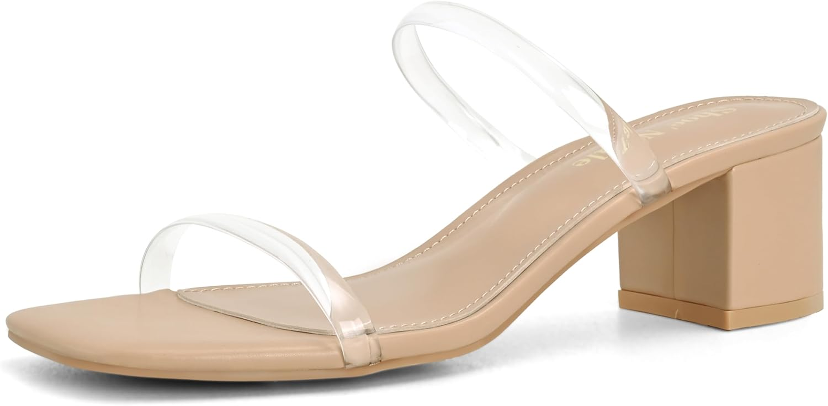 Shoe'N Tale Strappy Heels for Women Square Open Toe Two Strap Low Block Heel Slip on Dressy Sandals Shoes image number 2